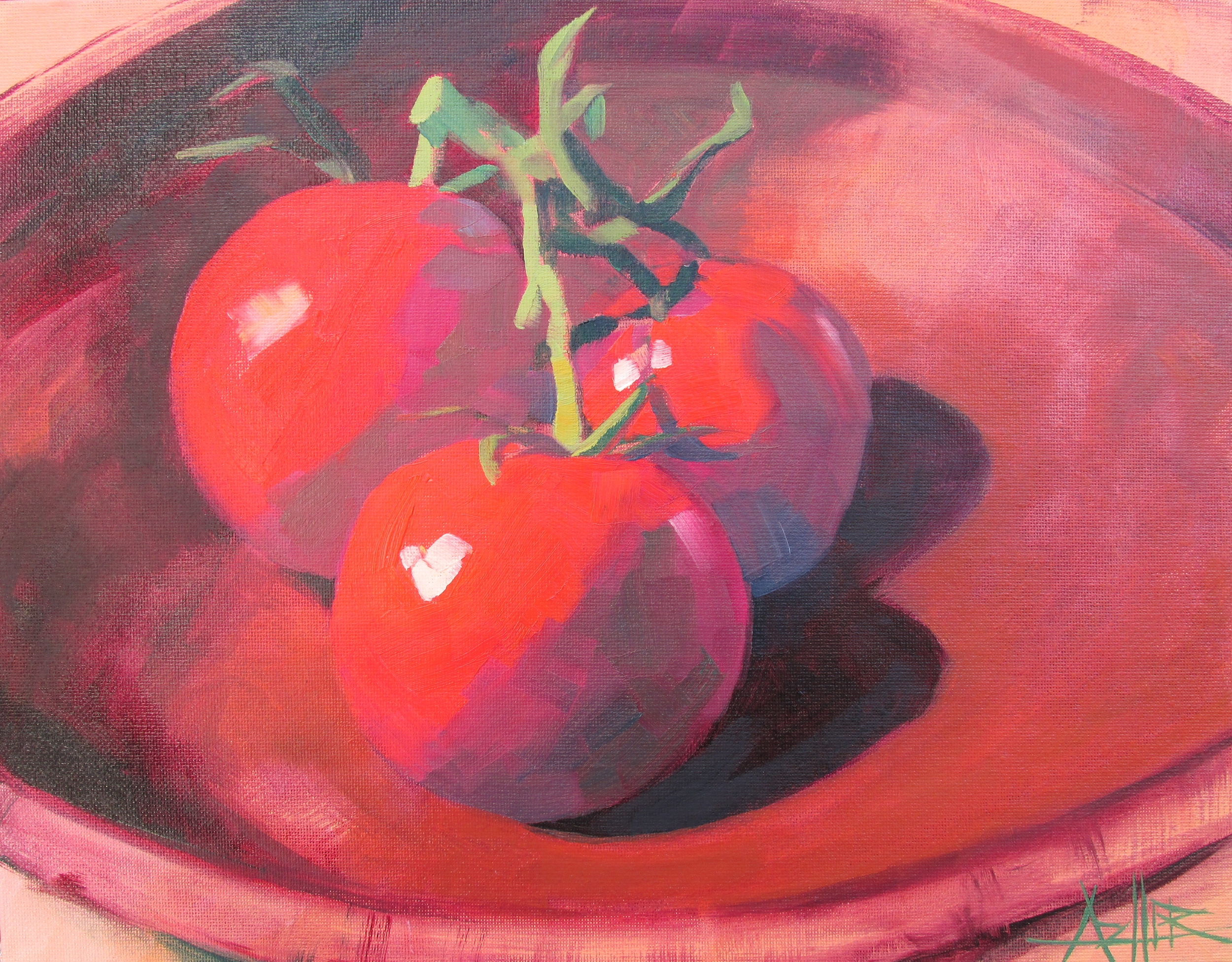 SOLD, Three Tomatoes, Copyright 2015 Hirschten, Oil on Canvas 11" x 14"