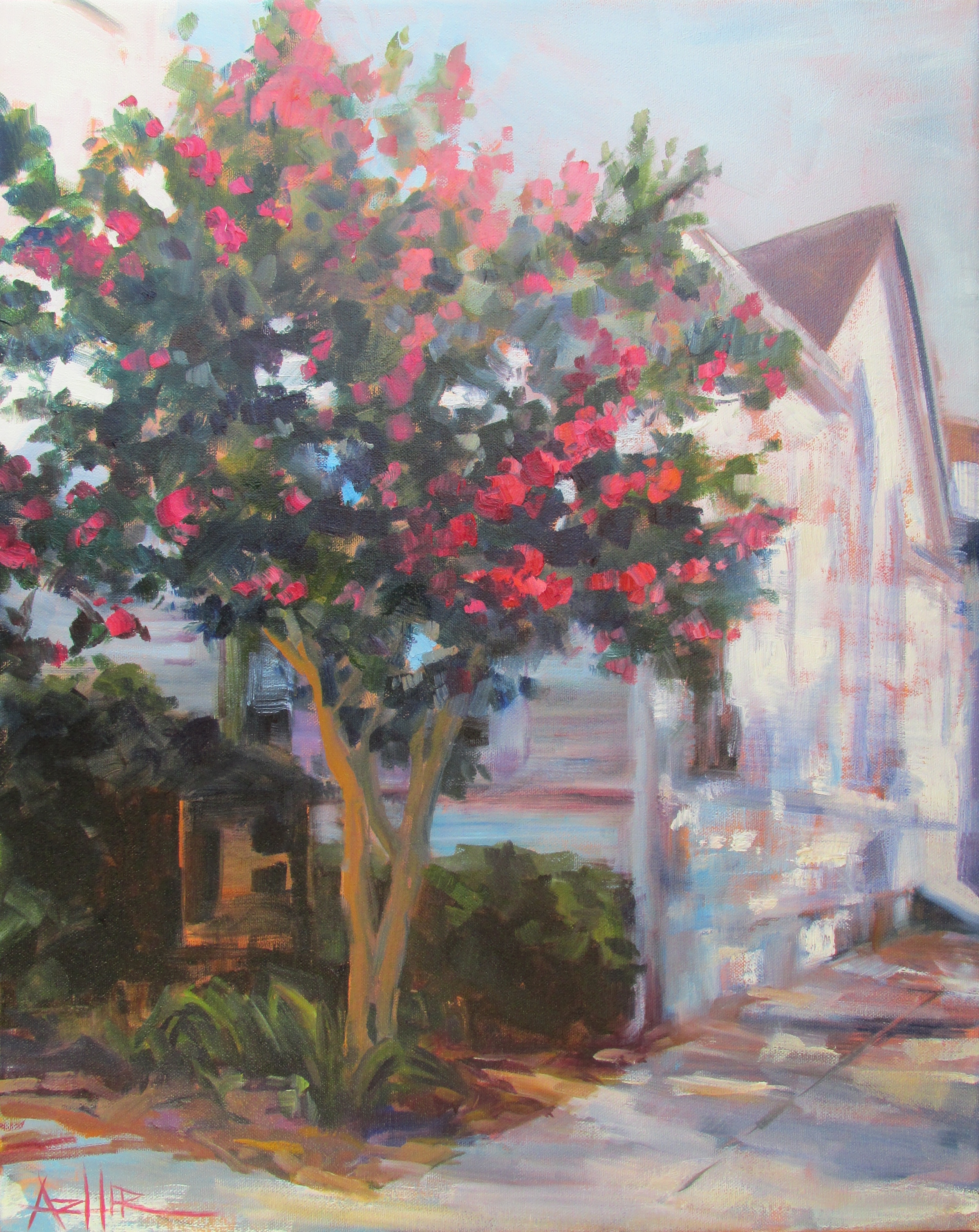 SOLD, The Crepe Myrle Tree, Copyright 2014 Hirschten, Oil on Canvas 16" x 20"