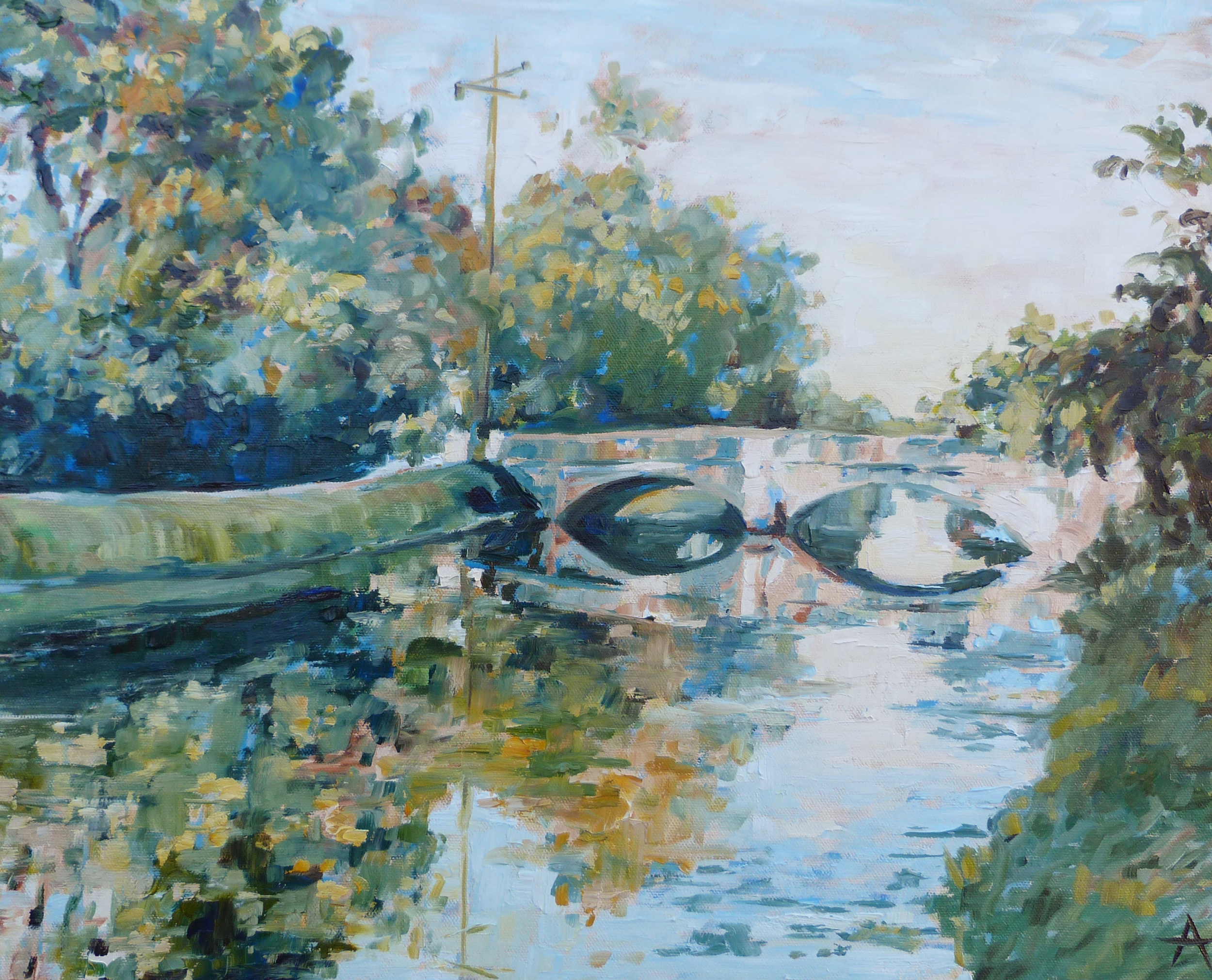 SOLD, Double Arch Illinois Street Bridge, Copyright 2014 Hirschten, Oil on Canvas 16" x 20"