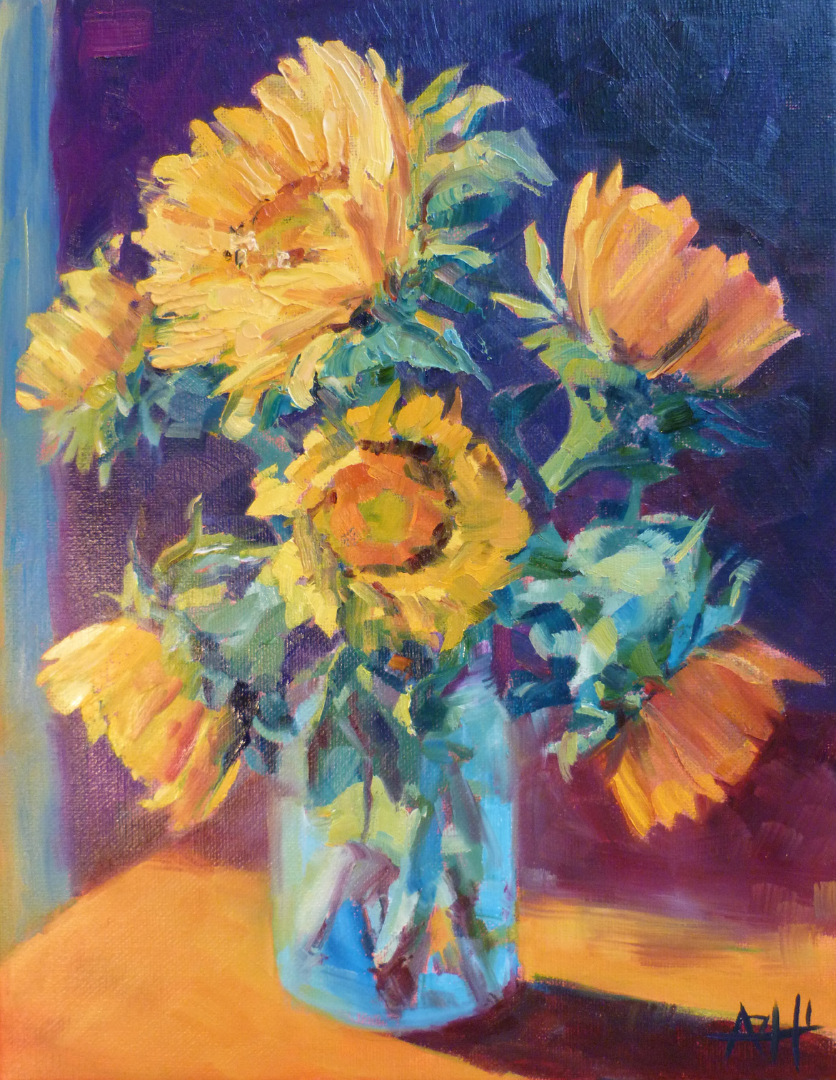 SOLD, Sunflowers in the Light, Copyright 2014 Hirschten, Oil on Canvas 11" x 14"
