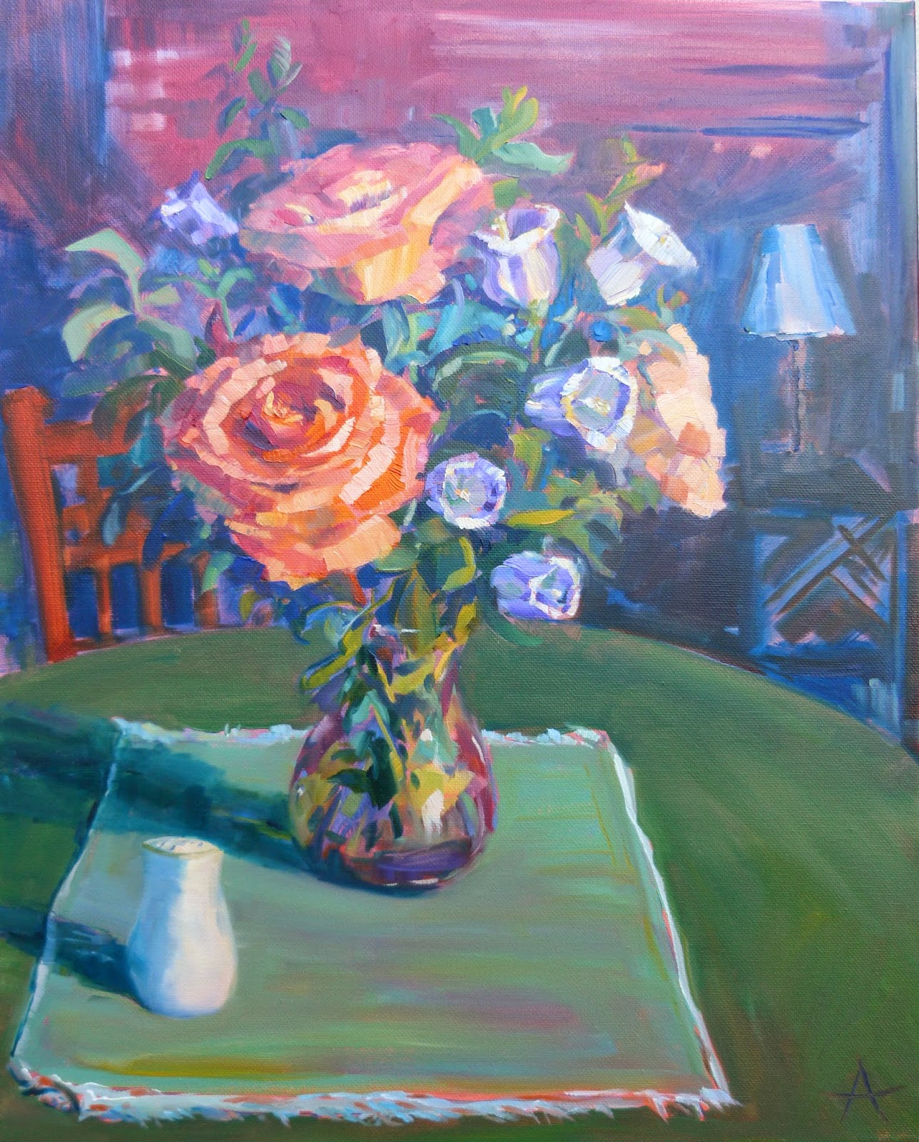 SOLD, Coral Roses and Bellflowers, Copyright 2014 Hirschten, Oil on Canvas, 16" x 20"
