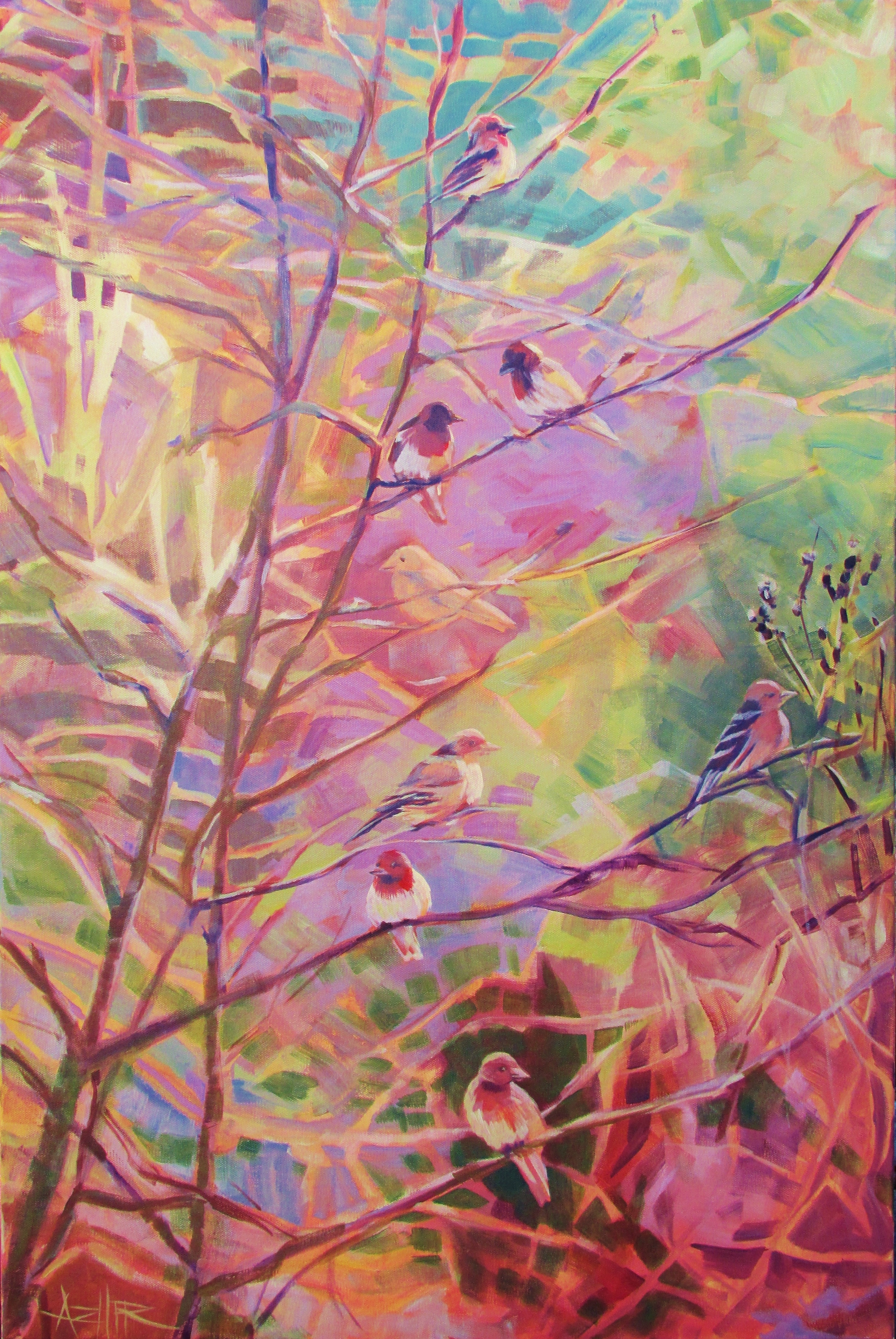 SOLD, Birds in the Thicket, Copyright 2016 Hirschten, Acrylic on Canvas, 24" x 36"
