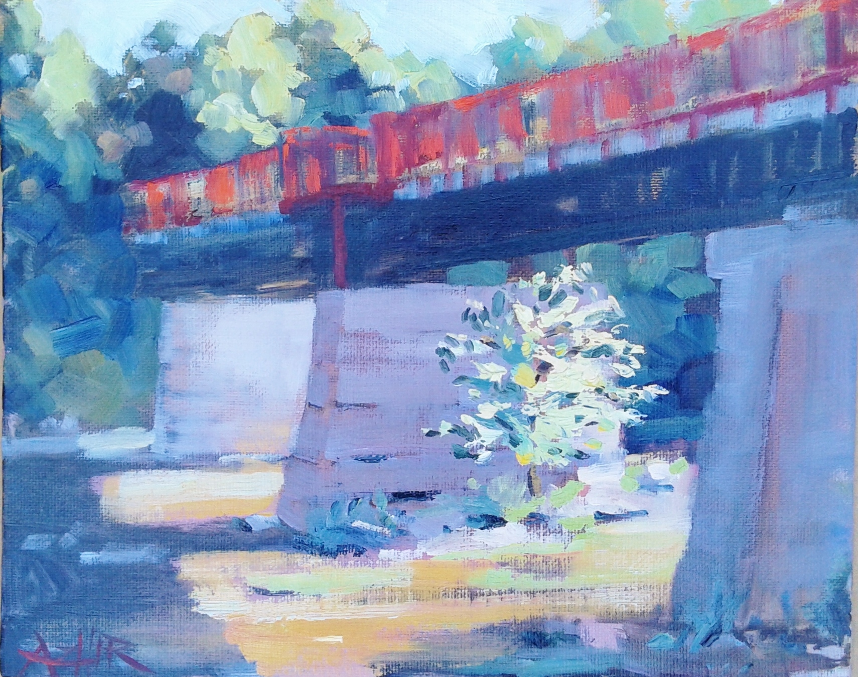 SOLD, The Monon Bridge in Broad Ripple, Copyright 2016 Hirschten, Oil on Canvas, 8" x 10"