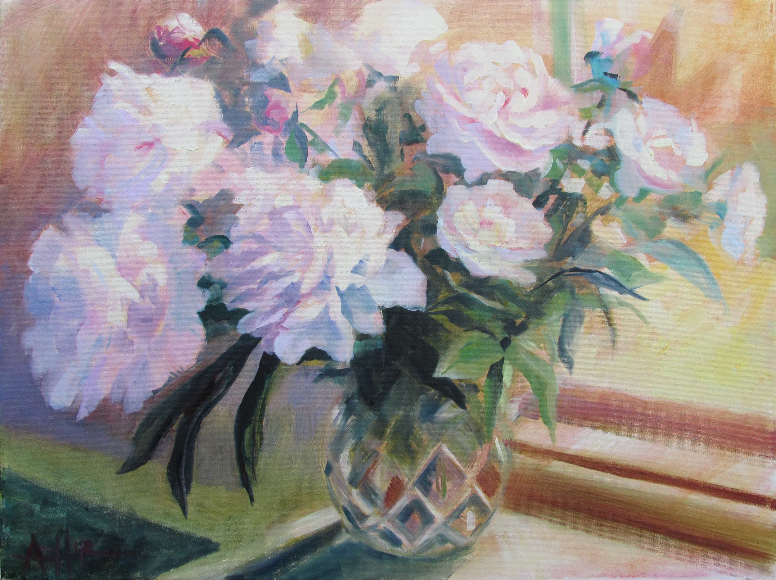 SOLD, Peonies in a Cut Glass Vase, Copyright 2015 Hirschten, Oil on Canvas, 16" x 20"