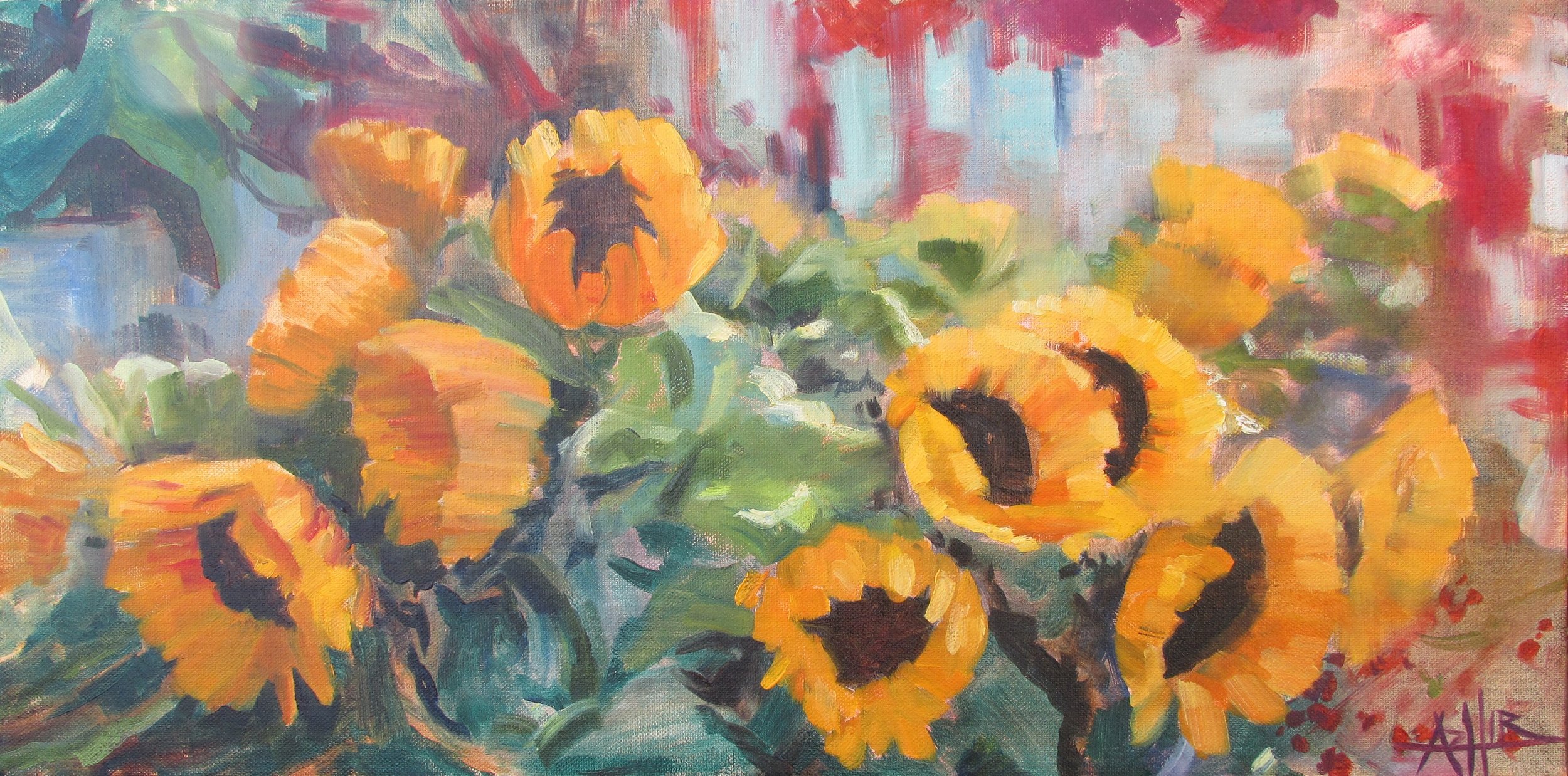 SOLD, Sunflowers in Berlin, Copyright 2016, Oil on Canvas, 12" x 24"
