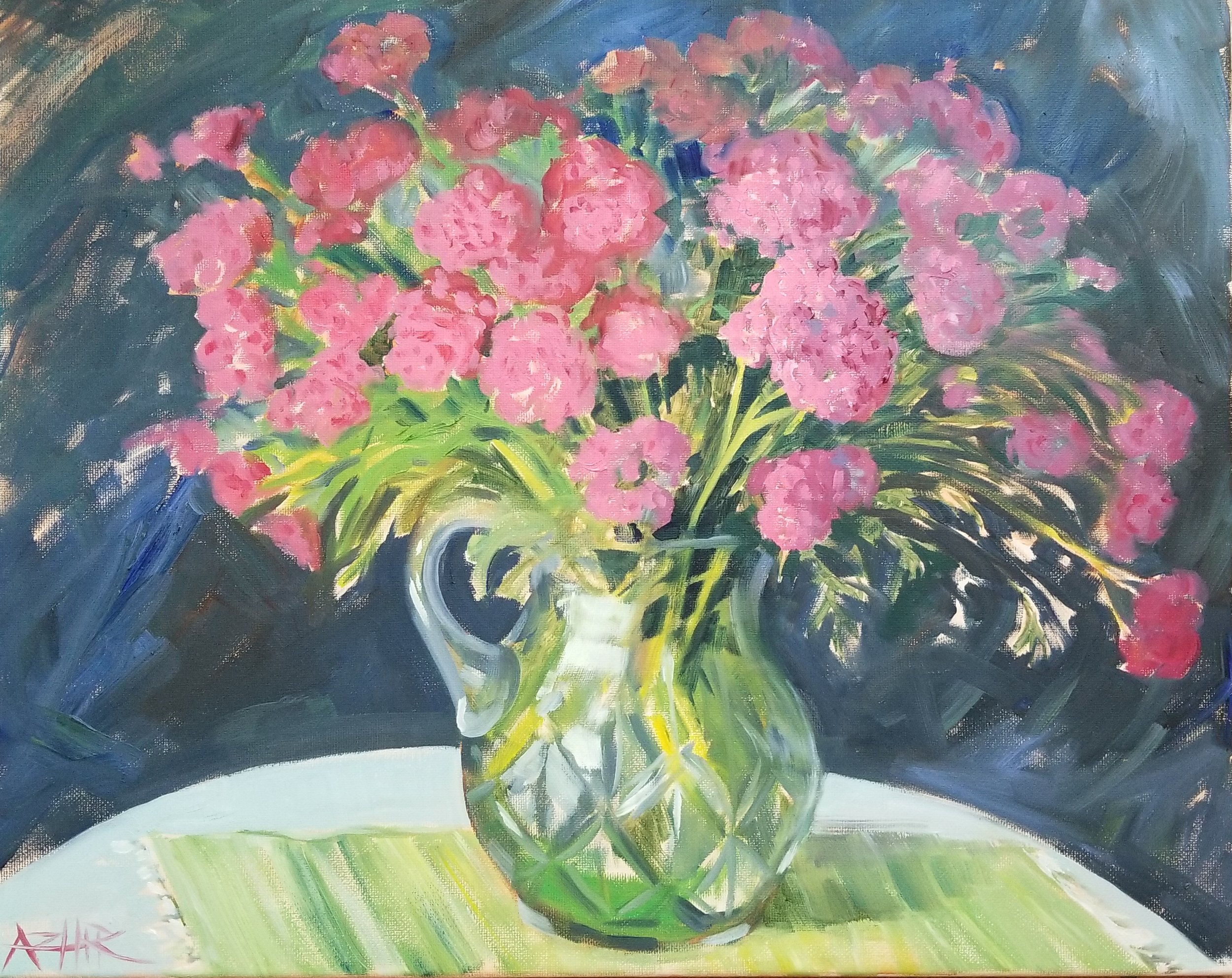 SOLD, Yarrow Flowers in the Cut Glass Vase, Copyright 2017, Oil on Canvas, 16" x 20"