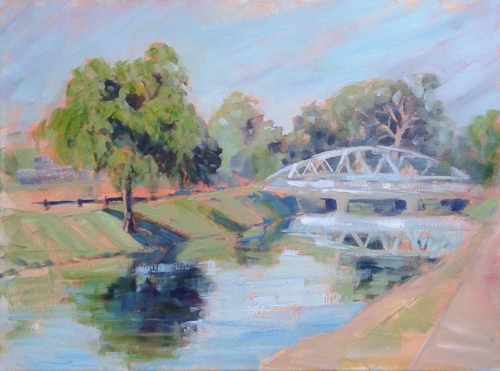 SOLD, The Teal Bridge in Broad Ripple, Copyright 2017, Oil on Canvas, 11" x 14"