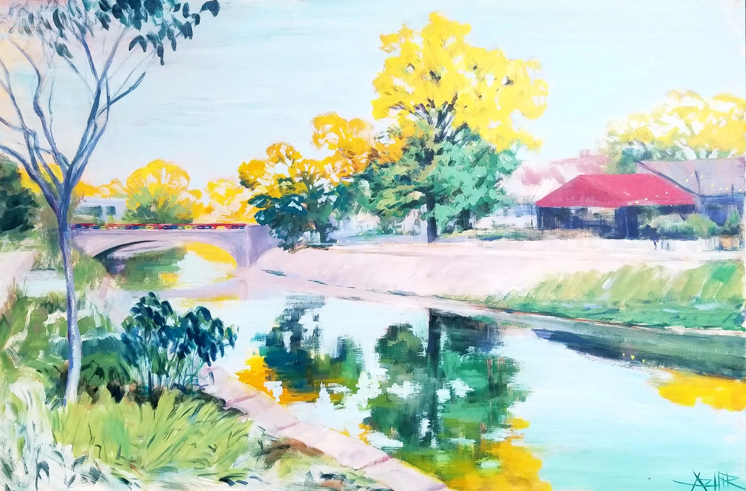 SOLD, Dusk on the Canal in Broad Ripple, Copyright 2017, Oil on Canvas, 24" x 36"