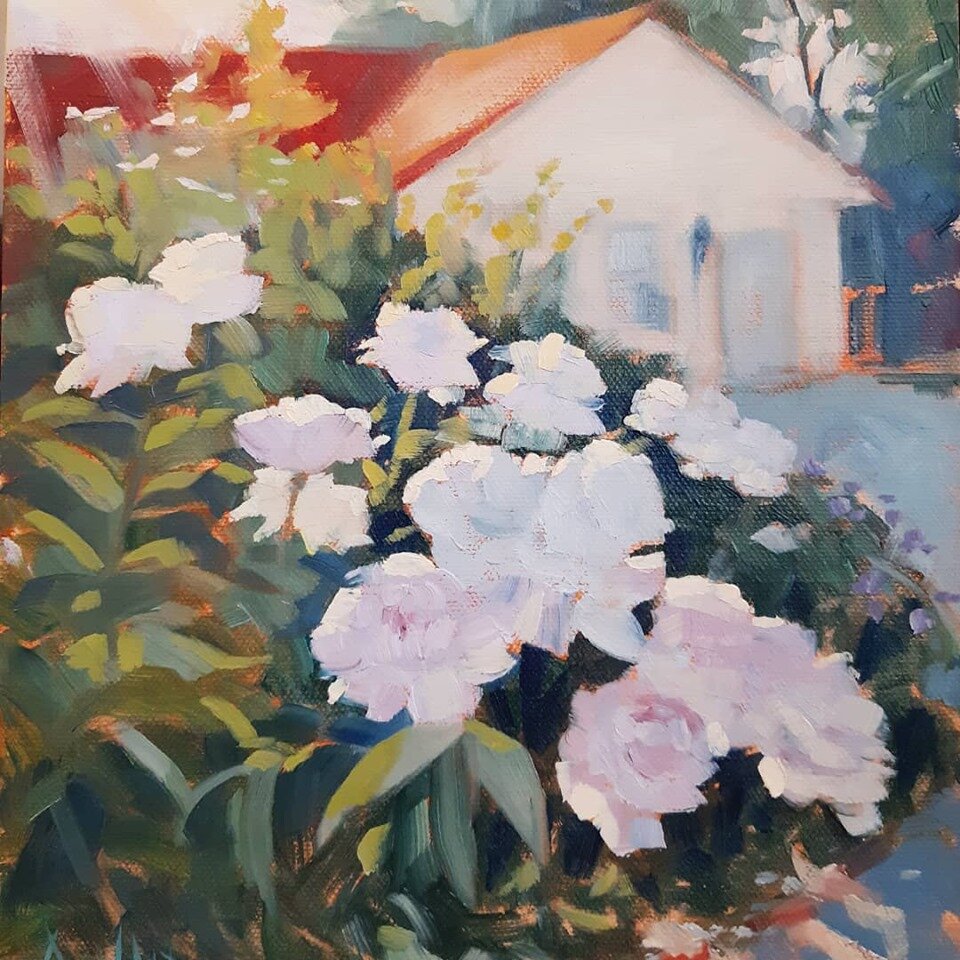 SOLD, Peonies in the Garden, Oil on Canvas, Copyright 2019 Hirschten