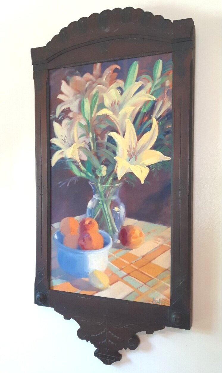 SOLD, Lily Still Life Commission and Vintage Frame Repair, Oil on Canvas, Copyright 2019 Hirschten