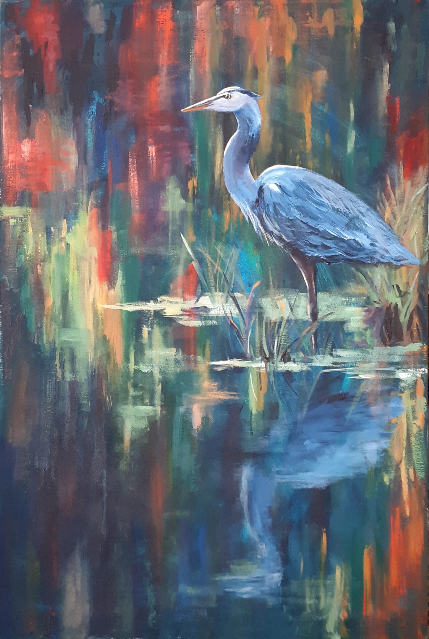 SOLD, Great Blue Heron Painting, Acrylic on Canvas, Copyright 2021 Hirschten