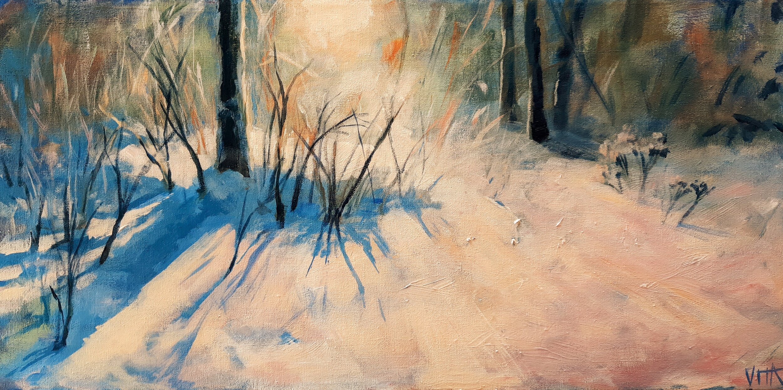 SOLD, Woods in the Snow Painting, Oil on Canvas, Copyright 2021 Hirschten