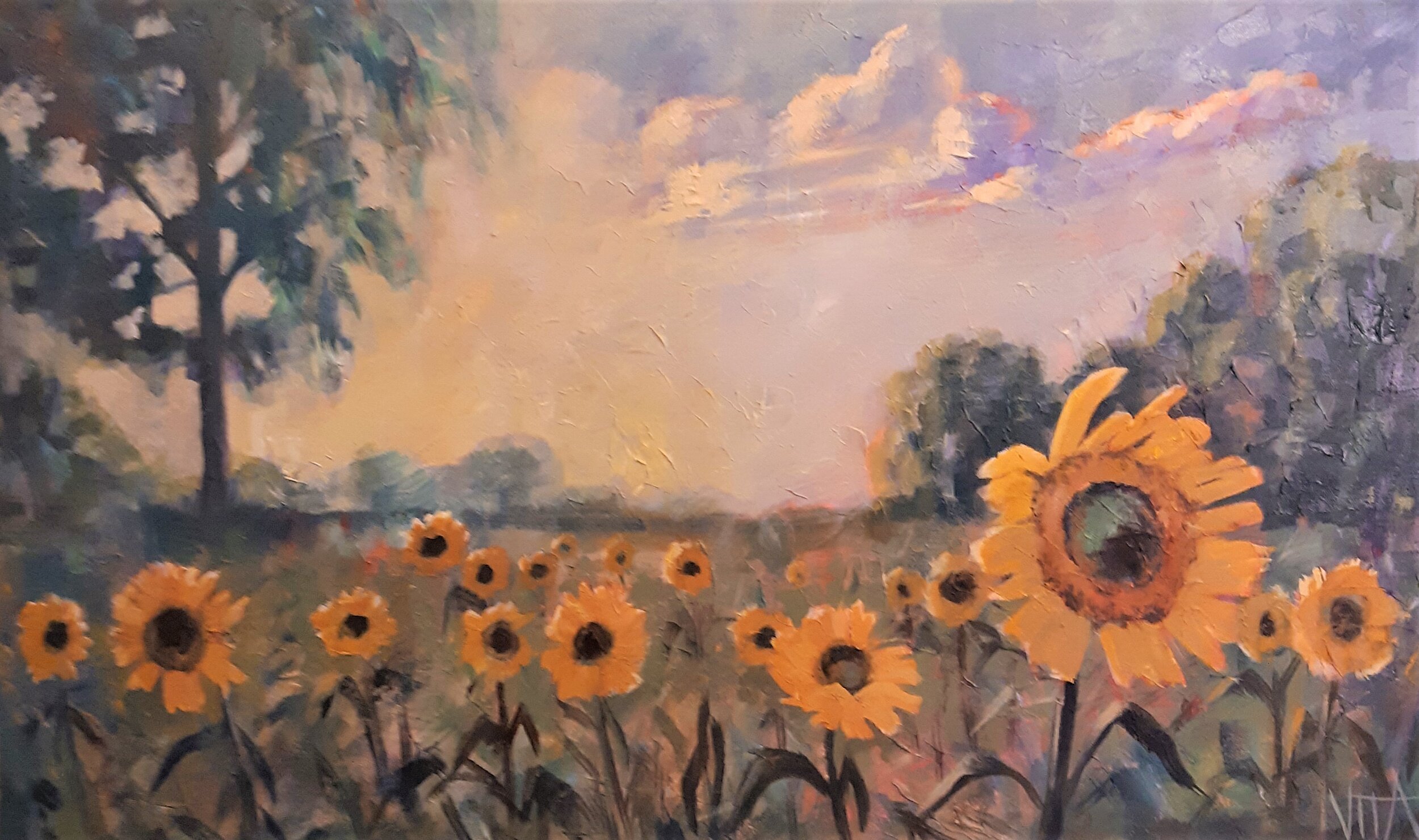 SOLD, Sunflower Field Painting, Acrylic on Canvas, Copyright 2021 Hirschten