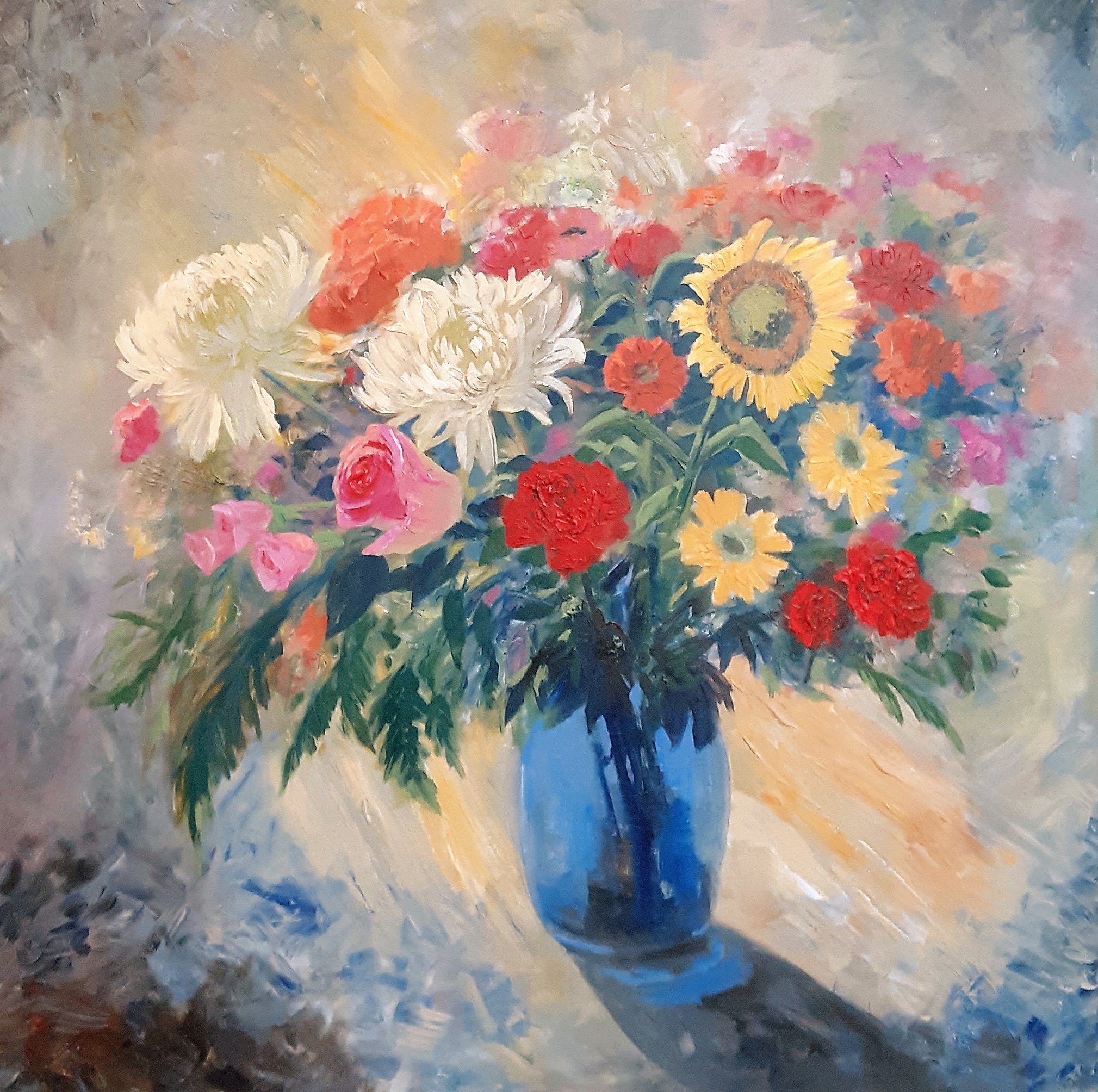 SOLD, Flowers in a Blue Glass Vase Painting, Acrylic on Canvas, Copyright 2021 Hirschten
