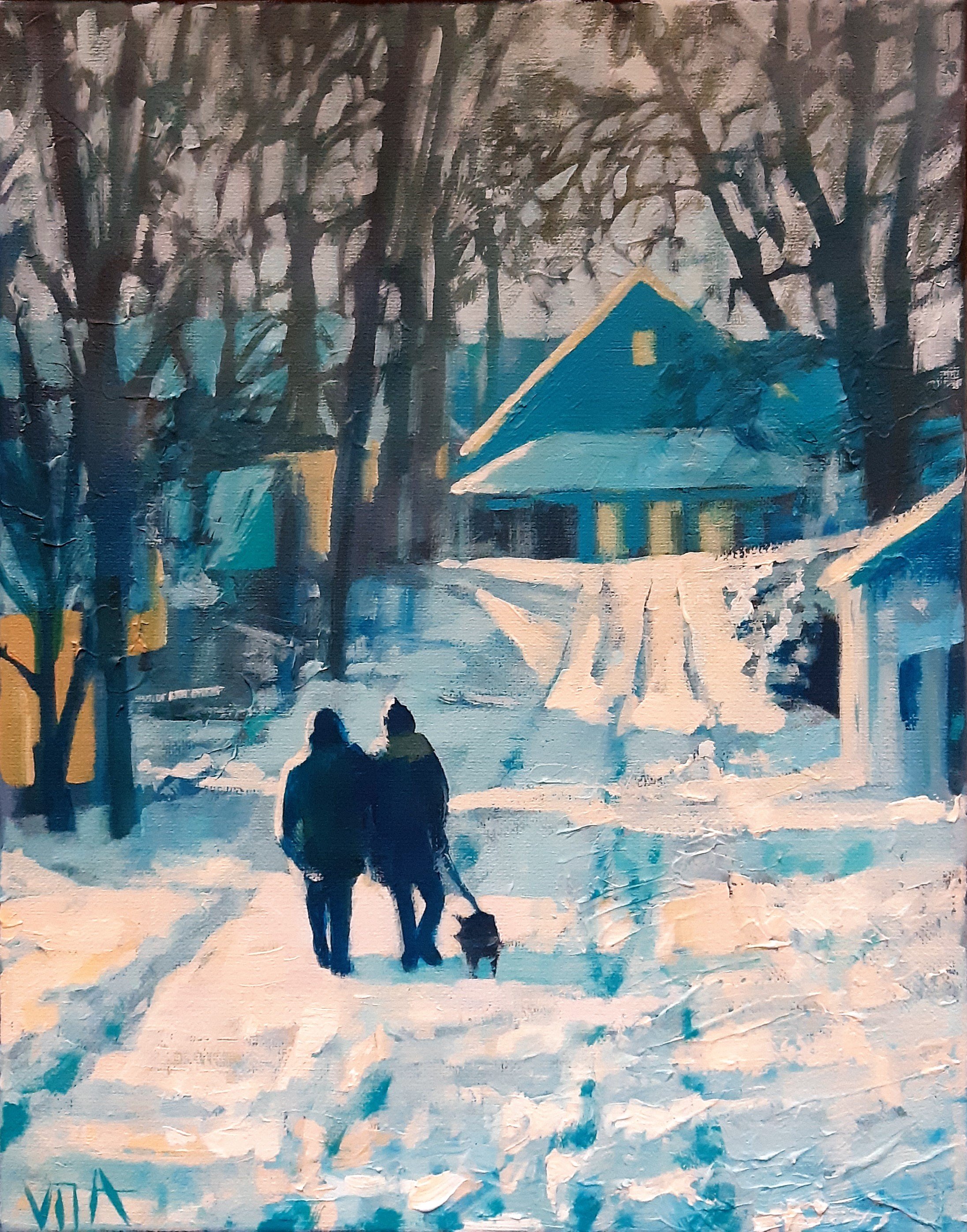 SOLD, Sisters in the Snow Painting, Acrylic on Canvas, Copyright 2021 Hirschten