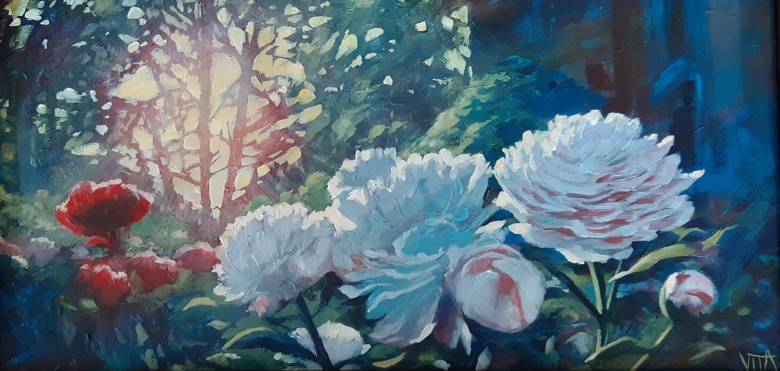 SOLD, Peonies in the Shade Painting, Acrylic on Canvas, Copyright 2021 Hirschten