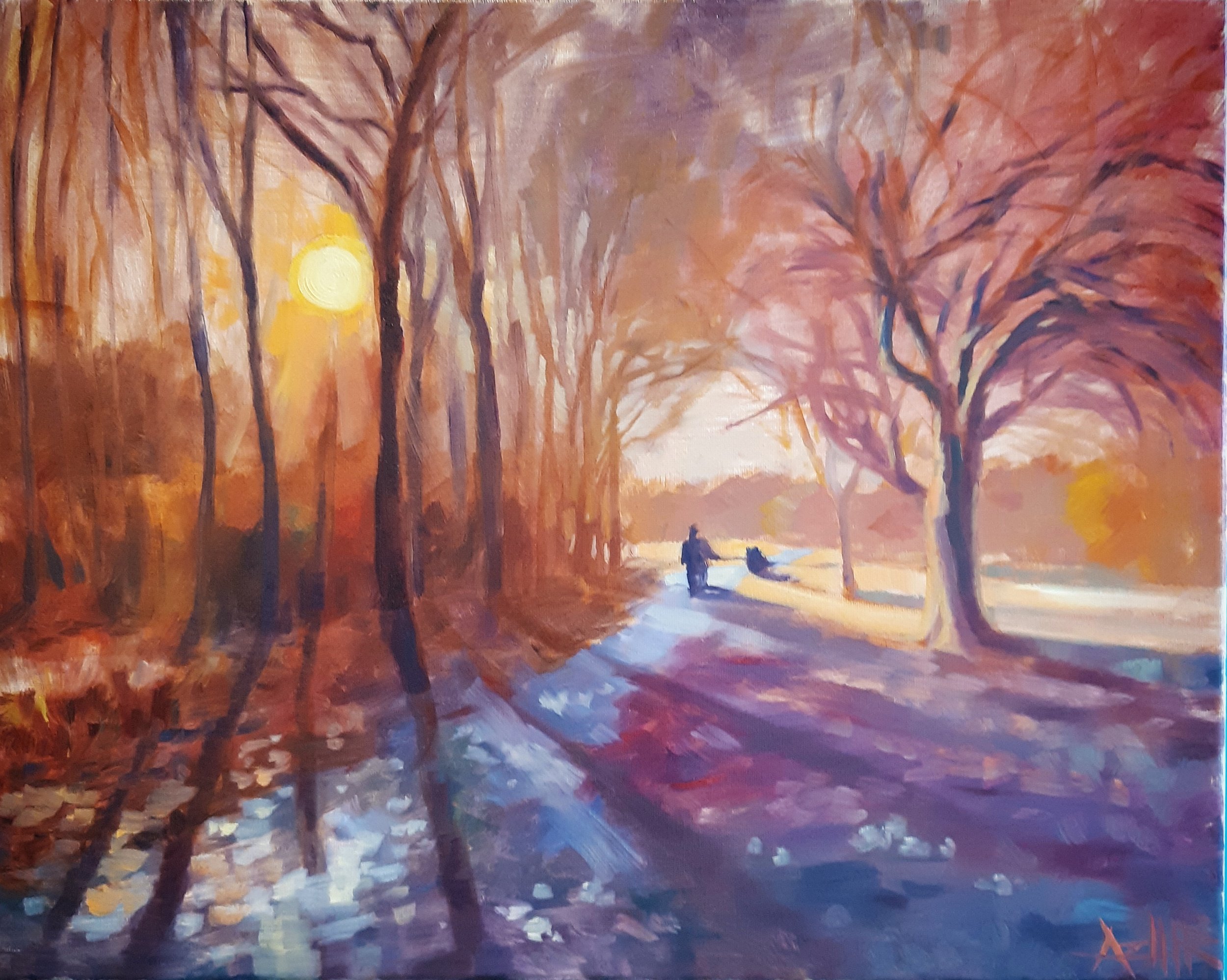 SOLD, Walk at Sunset Painting, Oil on Canvas, Copyright 2018 Hirschten