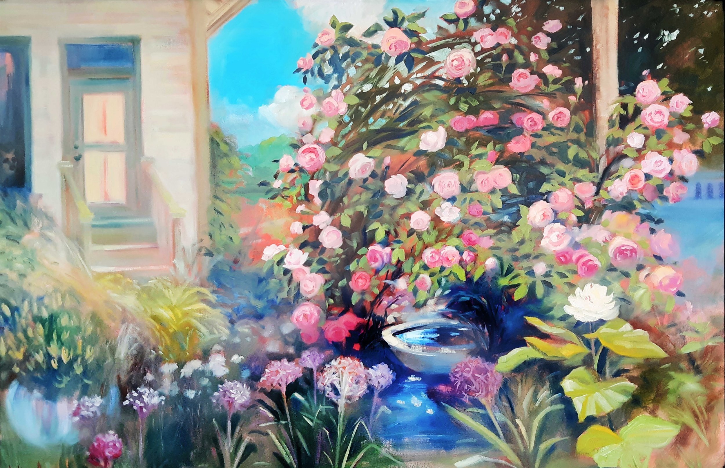 SOLD, Fountain of Roses Painting, Oil on Canvas, Copyright 2020 Hirschten