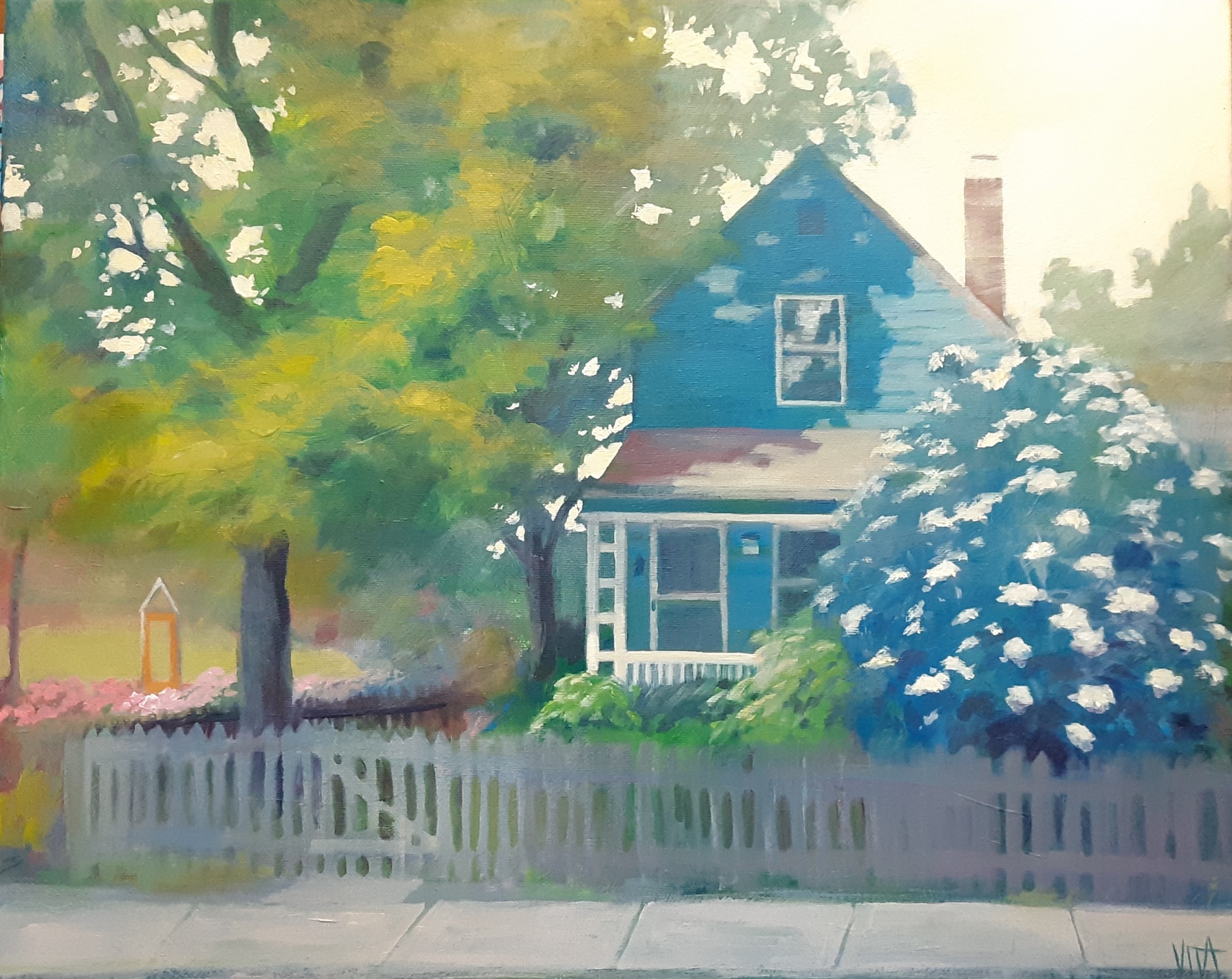 SOLD, Cottage Home Oriental Street Commission Painting, Acrylic on Canvas, Copyright 2022 Hirschten