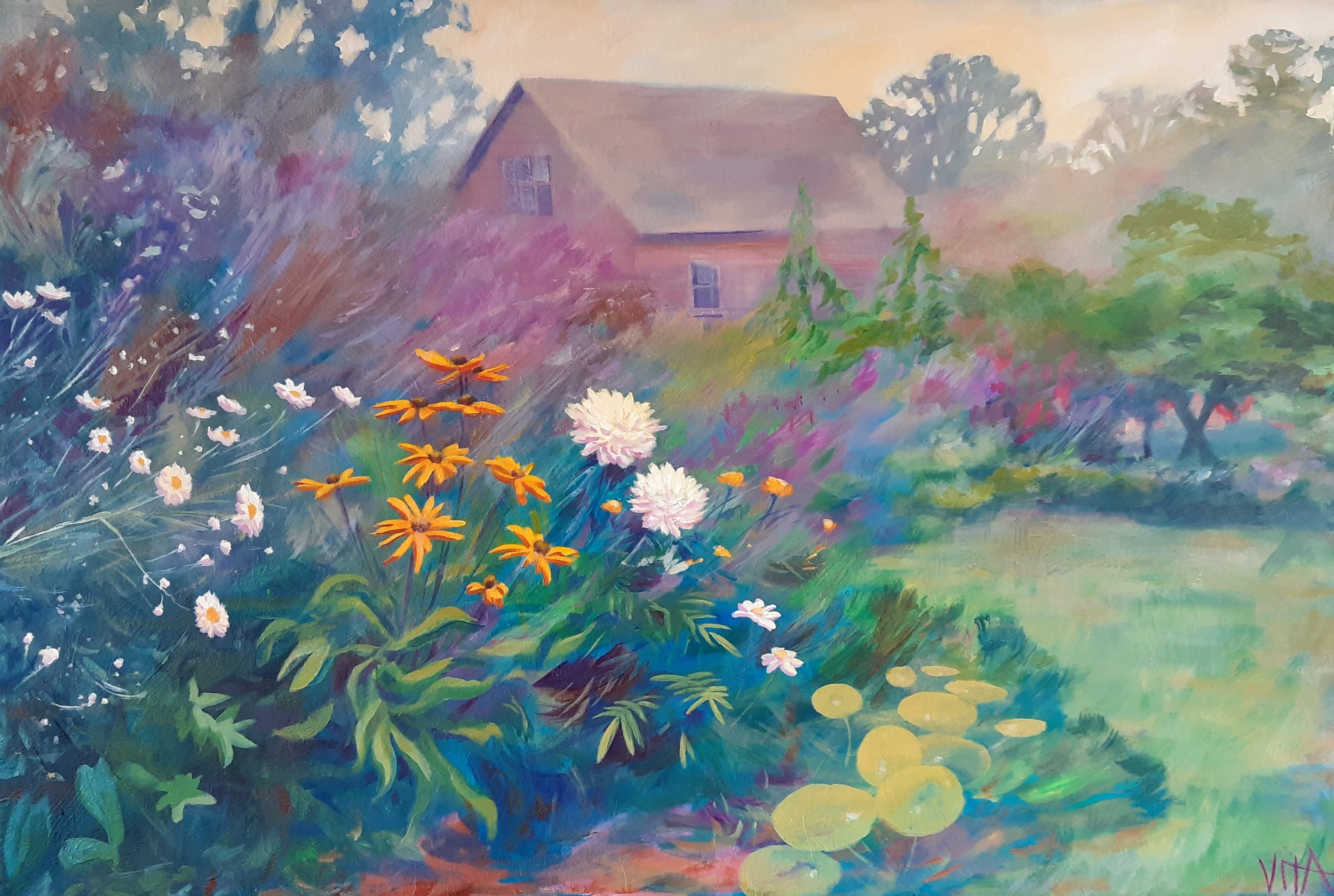 SOLD, Cottage Home Ed's Garden Painting, Acrylic on Canvas, Copyright 2022 Hirschten