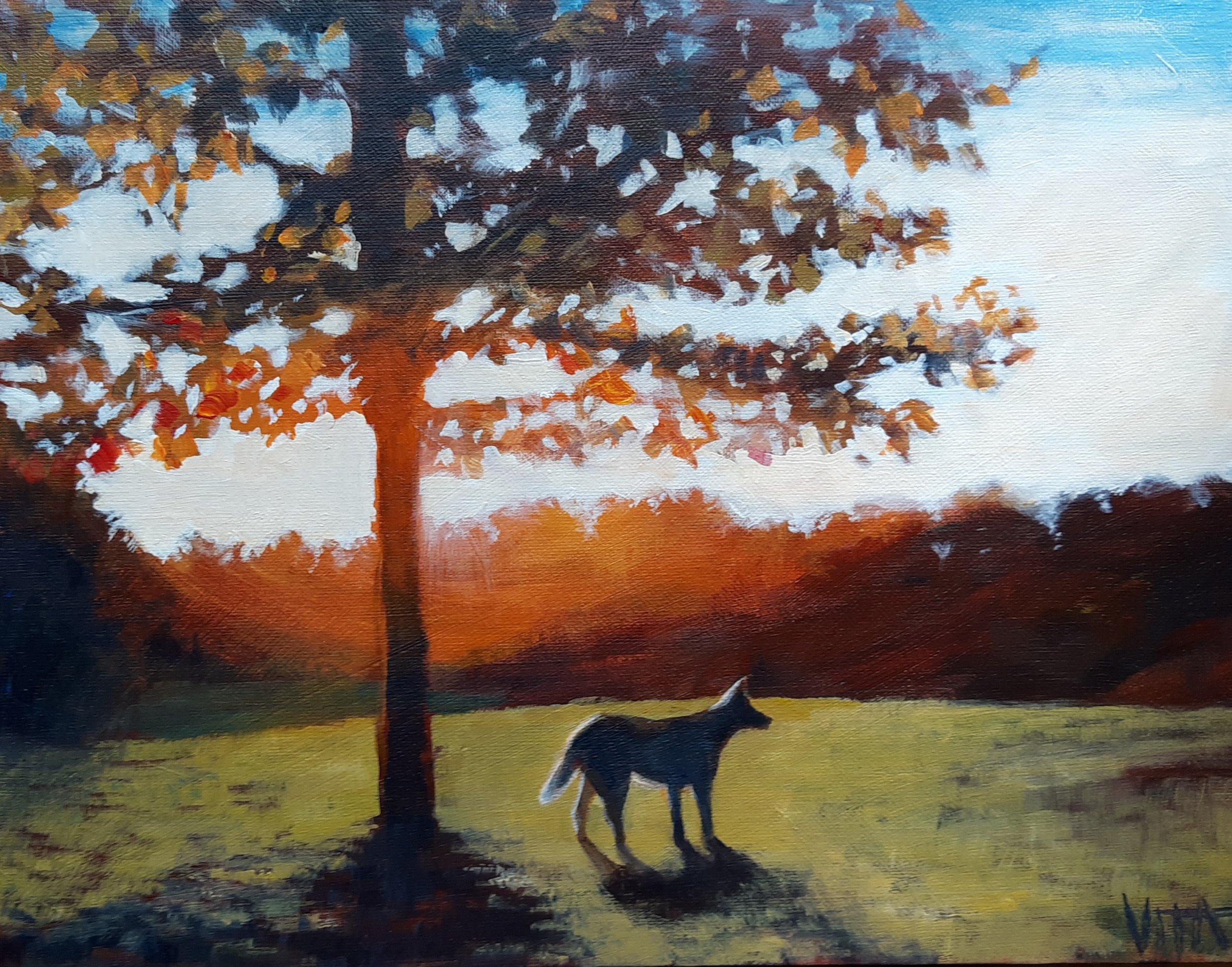SOLD, Dog Enjoying the Fall, Acrylic on Canvas, Copyright 2021 Hirschten