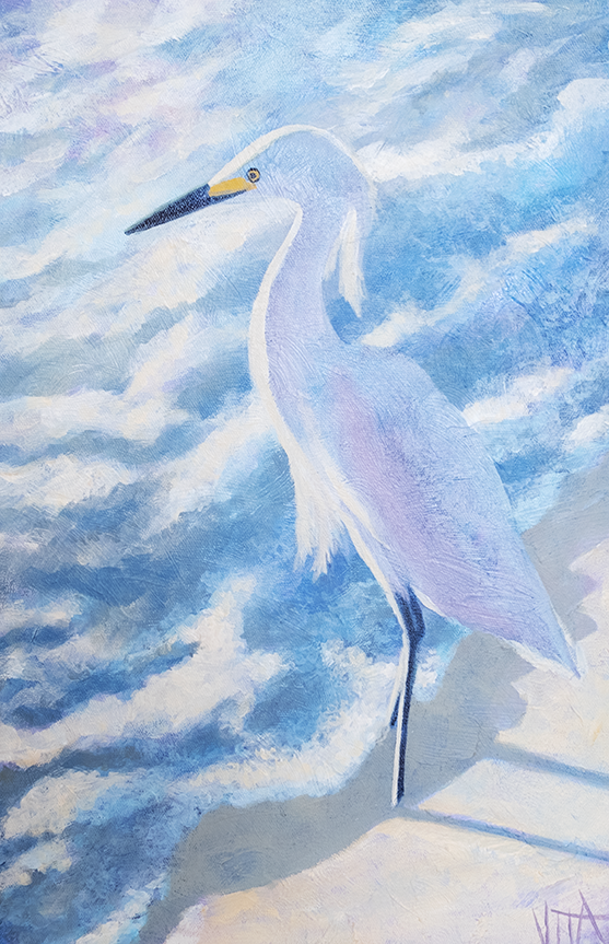 SOLD, The Snowy Egret, Acrylic on Canvas, Copyright 2023 Hirschten