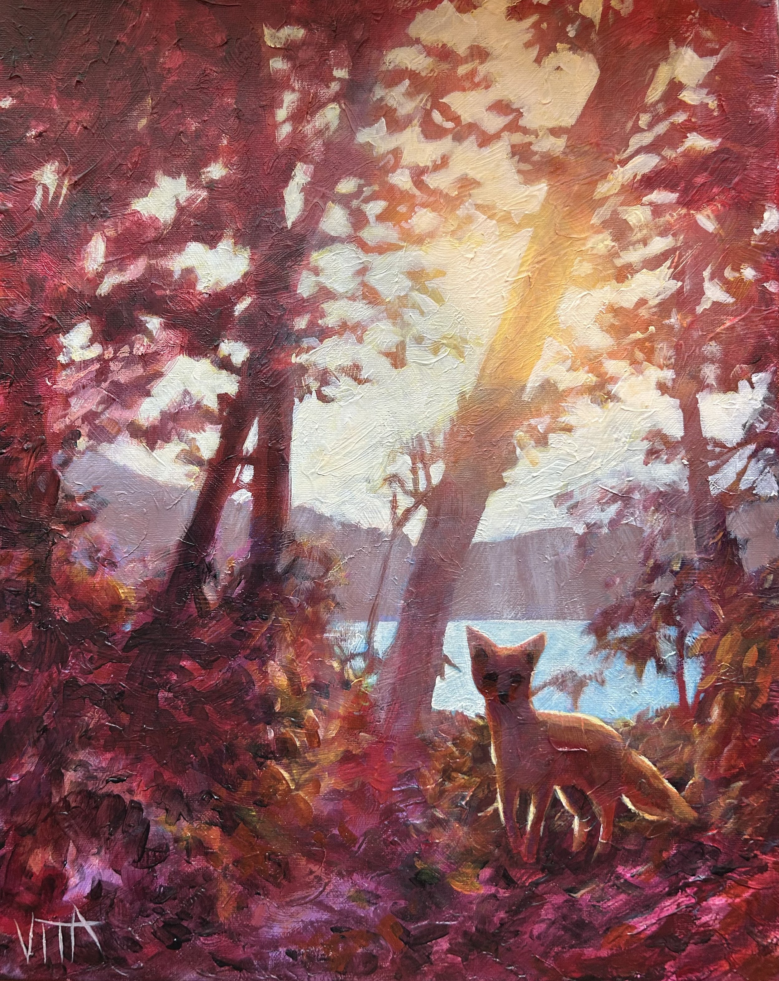 SOLD, Fox in the Forest, Acrylic on Canvas, Copyright 2023 Hirschten