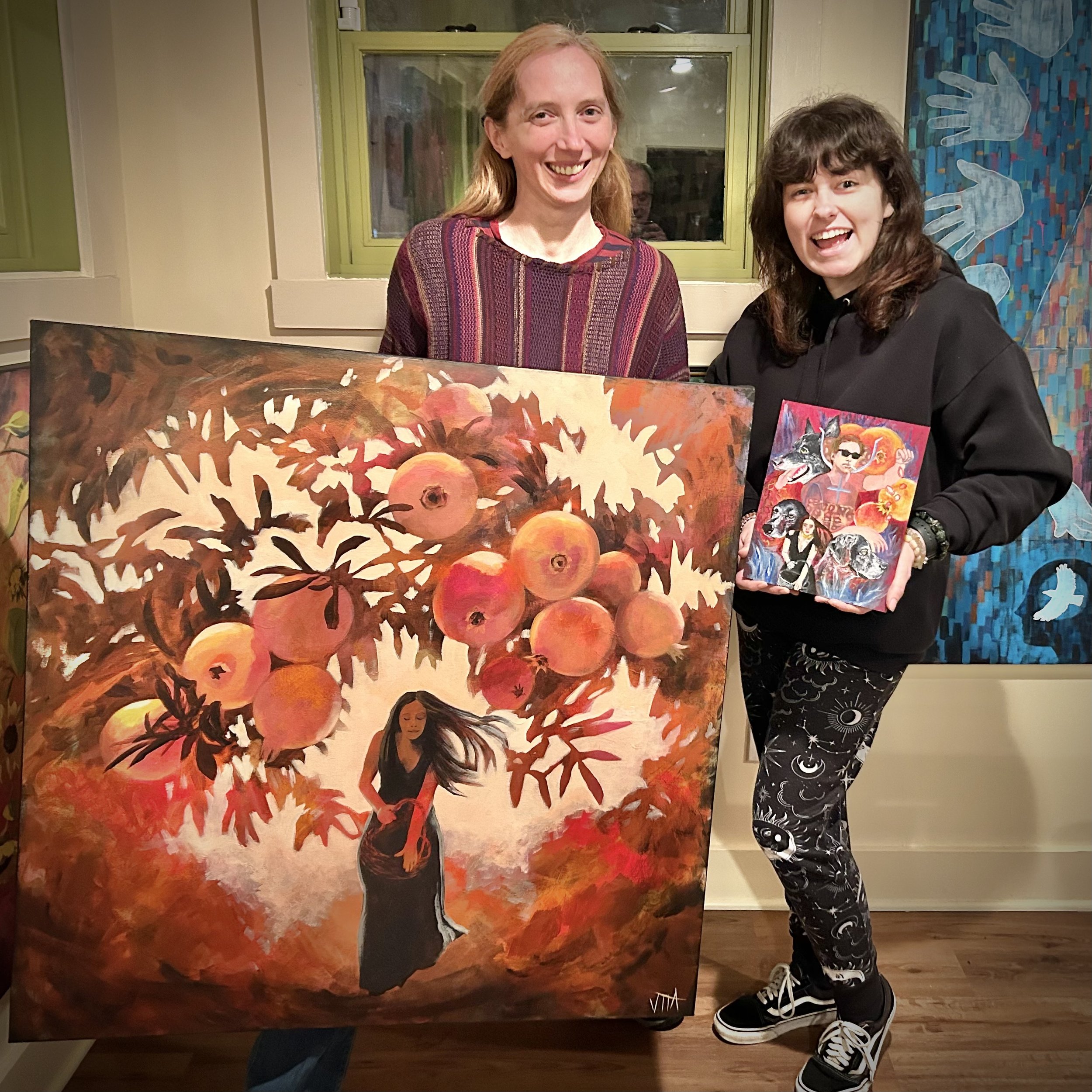 Addie and Katie with Persephone paintings.jpg