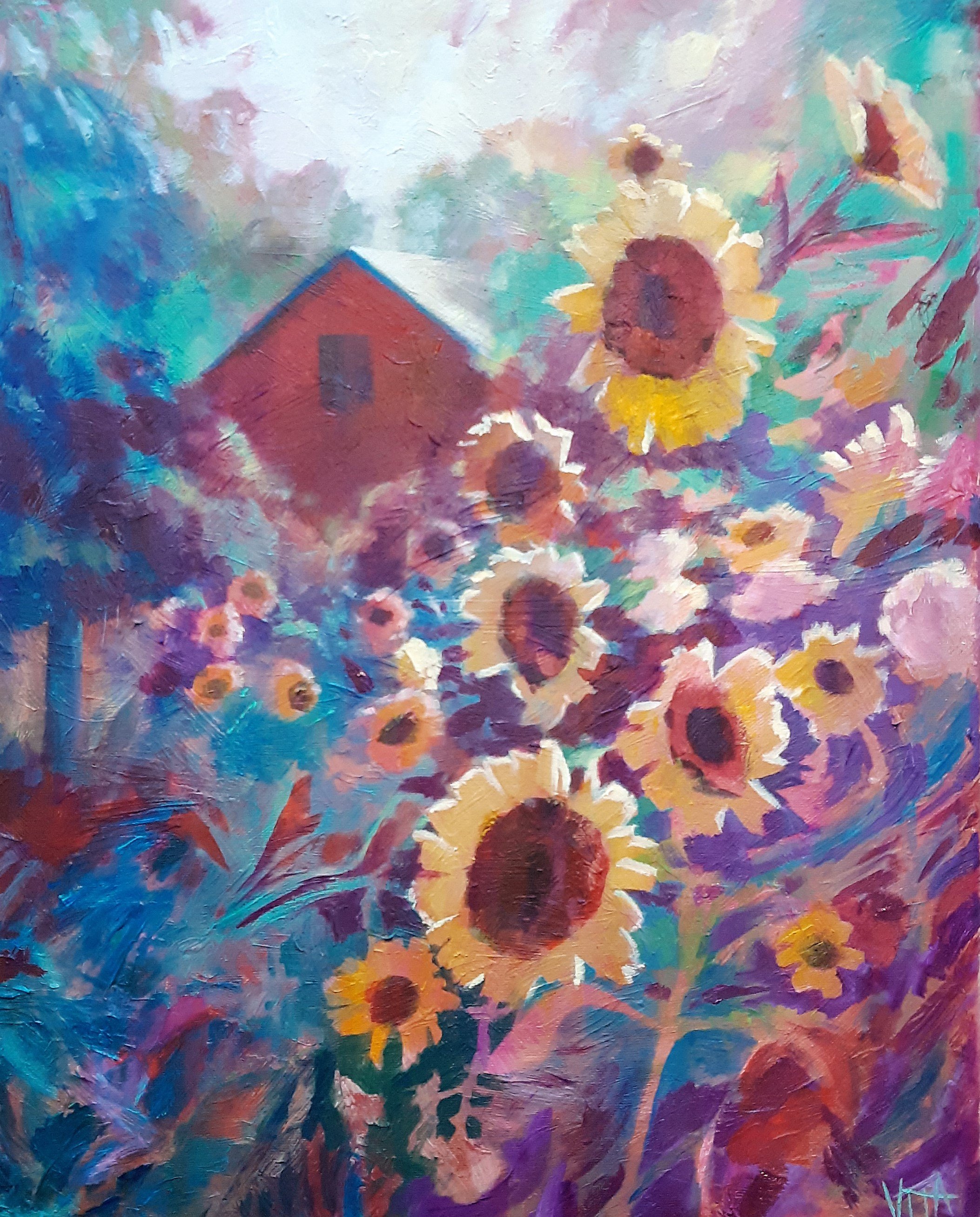 SOLD, Sunflowers in the Community Garden, Acrylic on Canvas, Copyright 2022 Hirschten