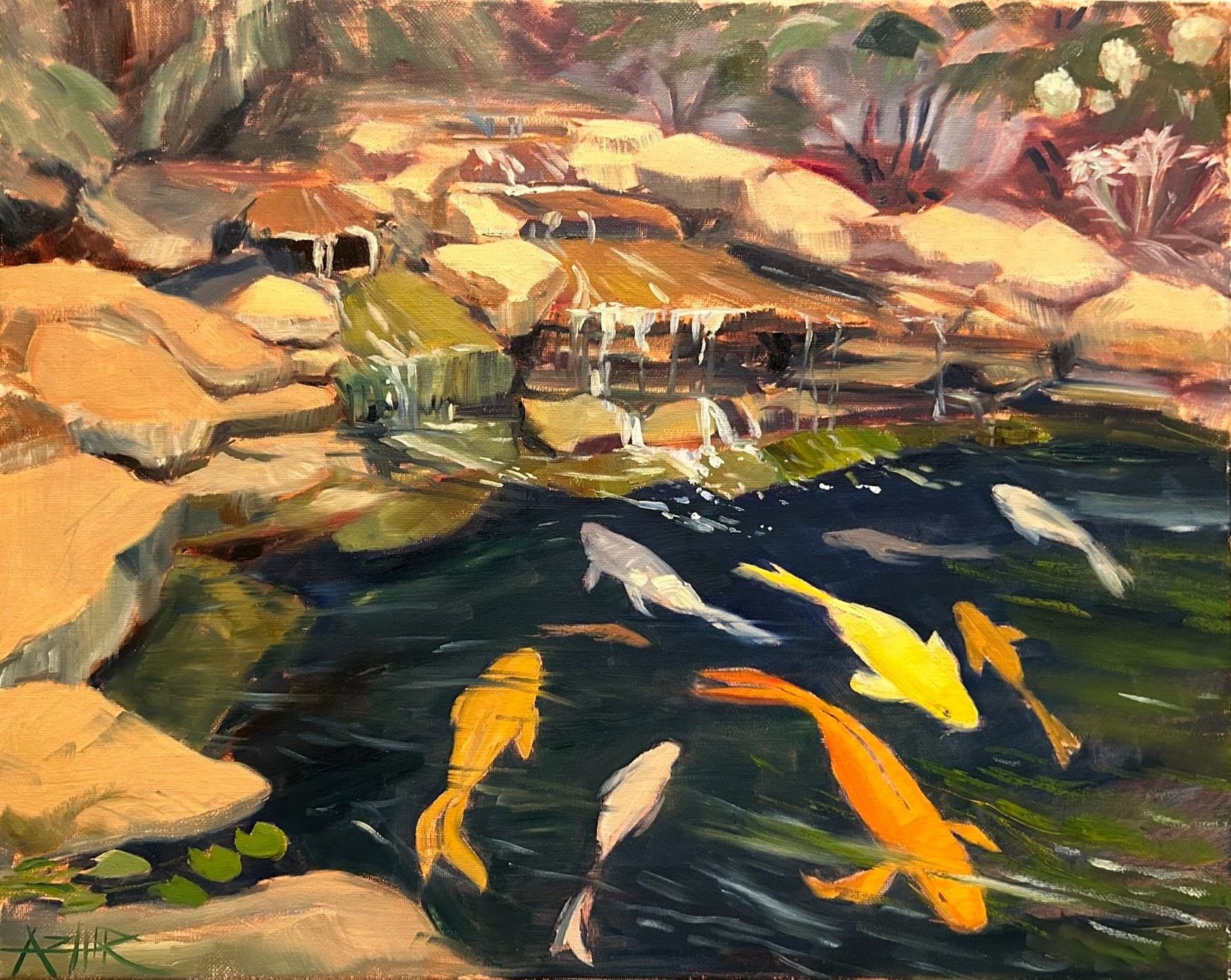 SOLD, Fish in the Garden Irvington, Oil on Canvas, Copyright 2018 Hirschten