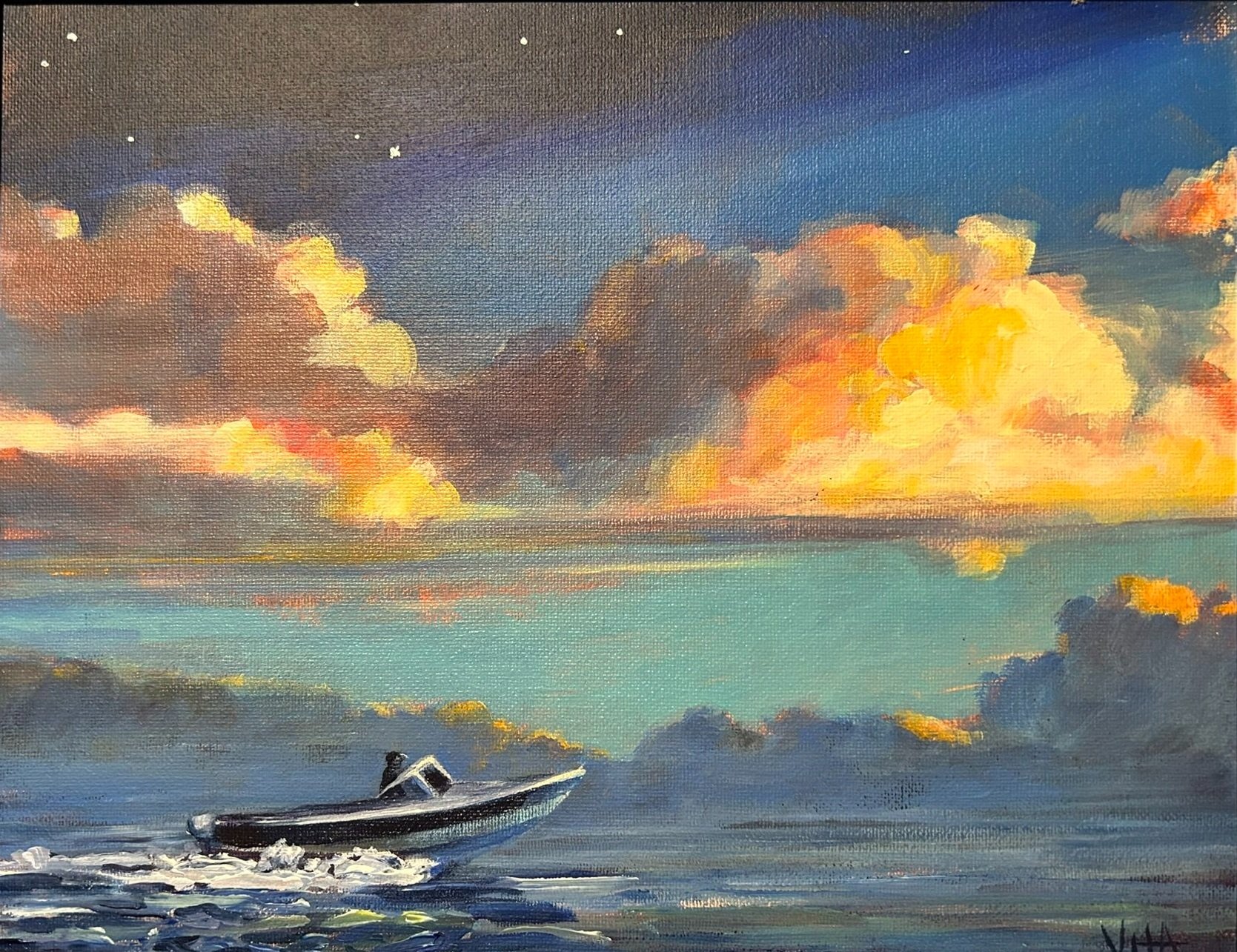 SOLD, Time to Head Home! Boat in Beaufort, Acrylic on Canvas, Copyright 2020 Hirschten