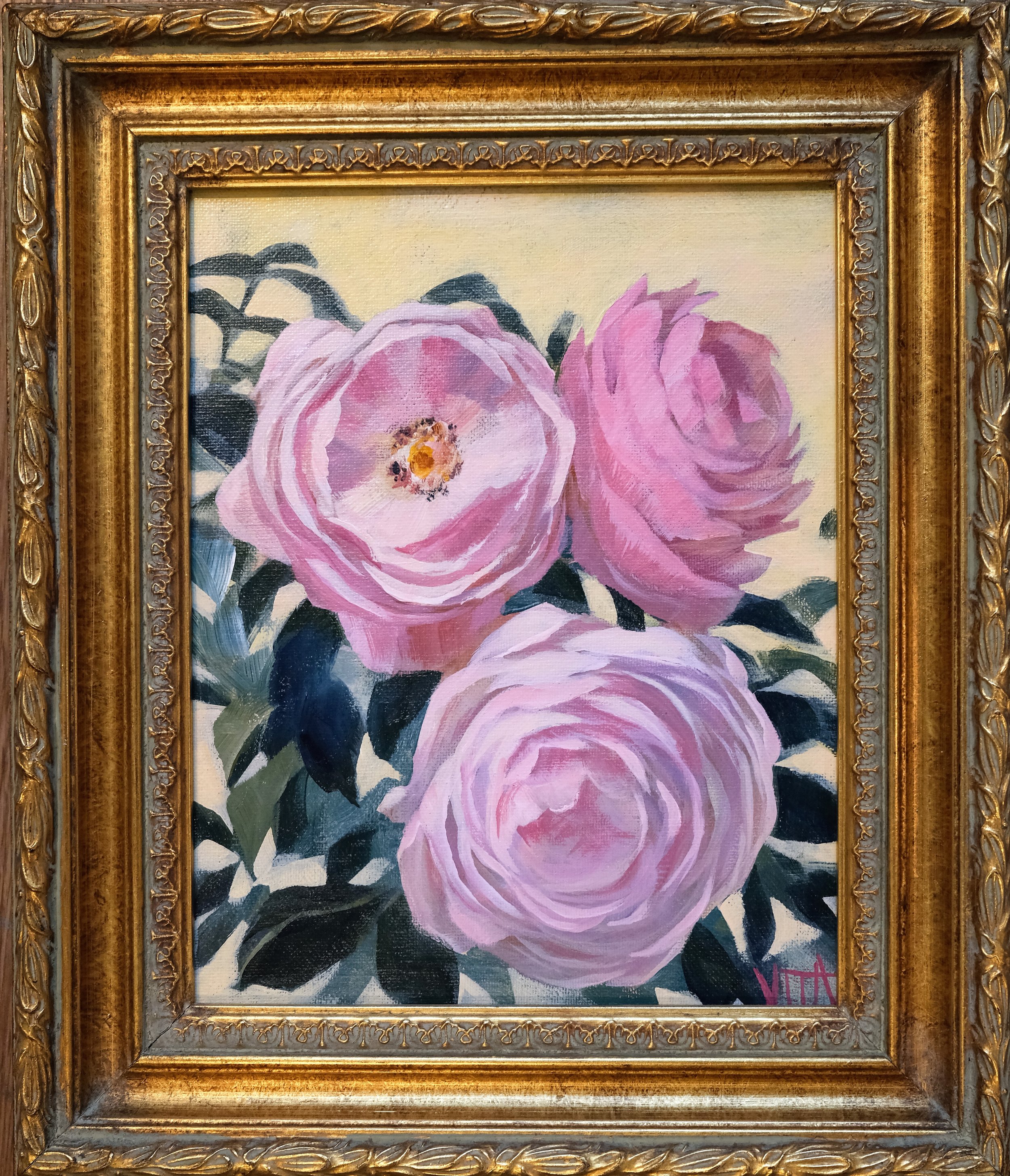 SOLD, Roses by the Yellow House, Acrylic on Canvas, Copyright 2020 Hirschten