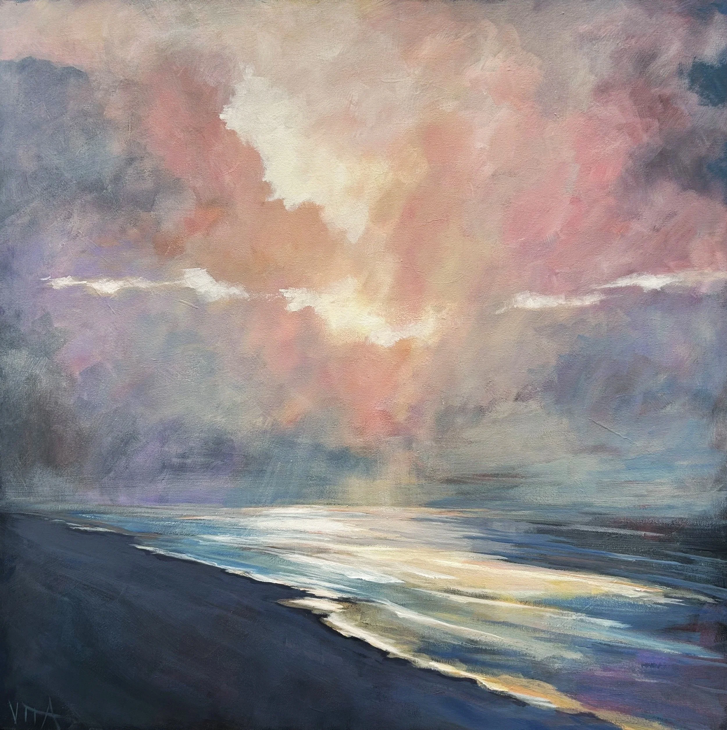 SOLD, Sunrise on the Water- Emerald Isle NC, Acrylic on Canvas, Copyright 2025 Hirschten