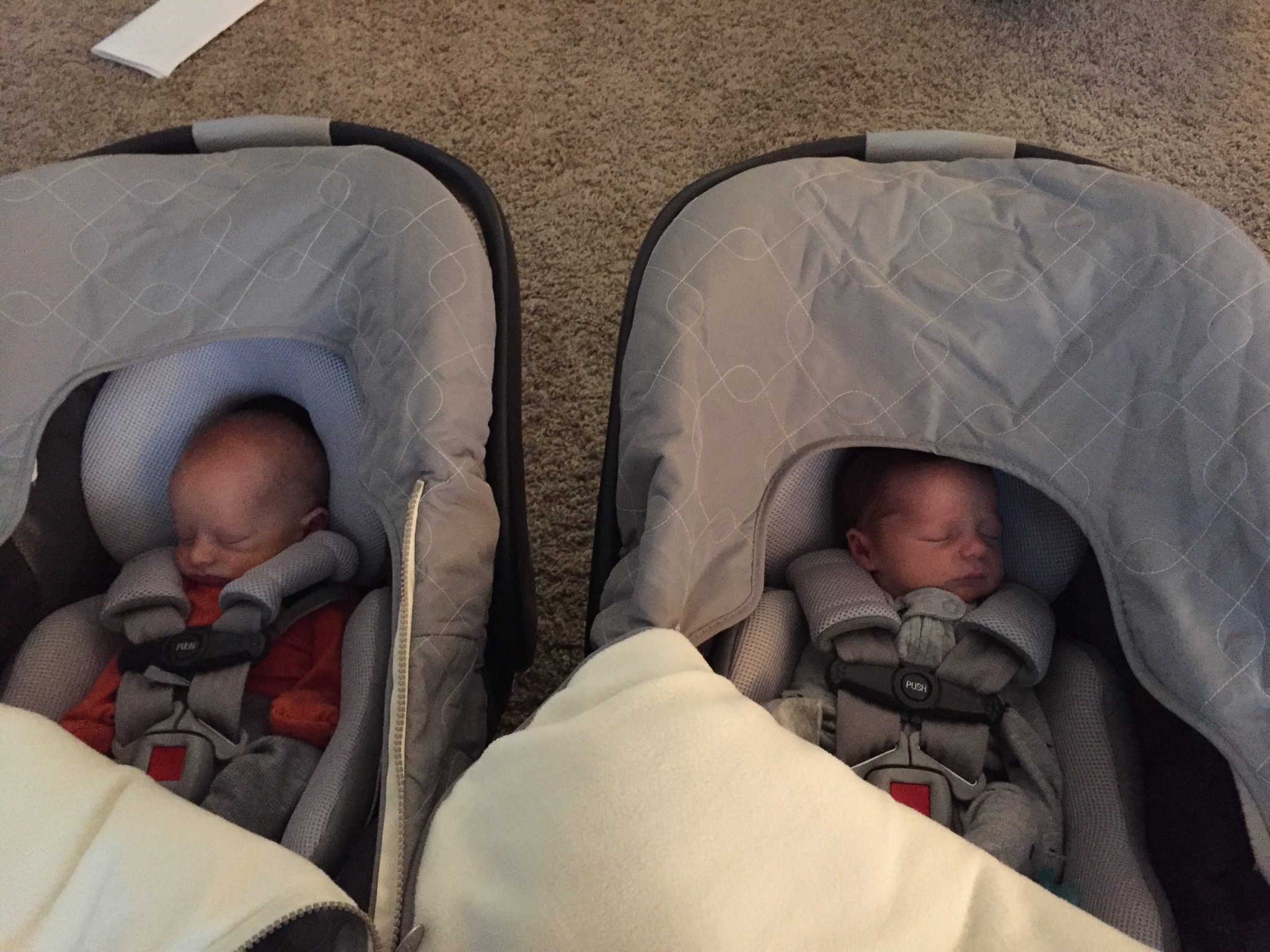 After the pediatrician, napping in their carseats - 1 week old 