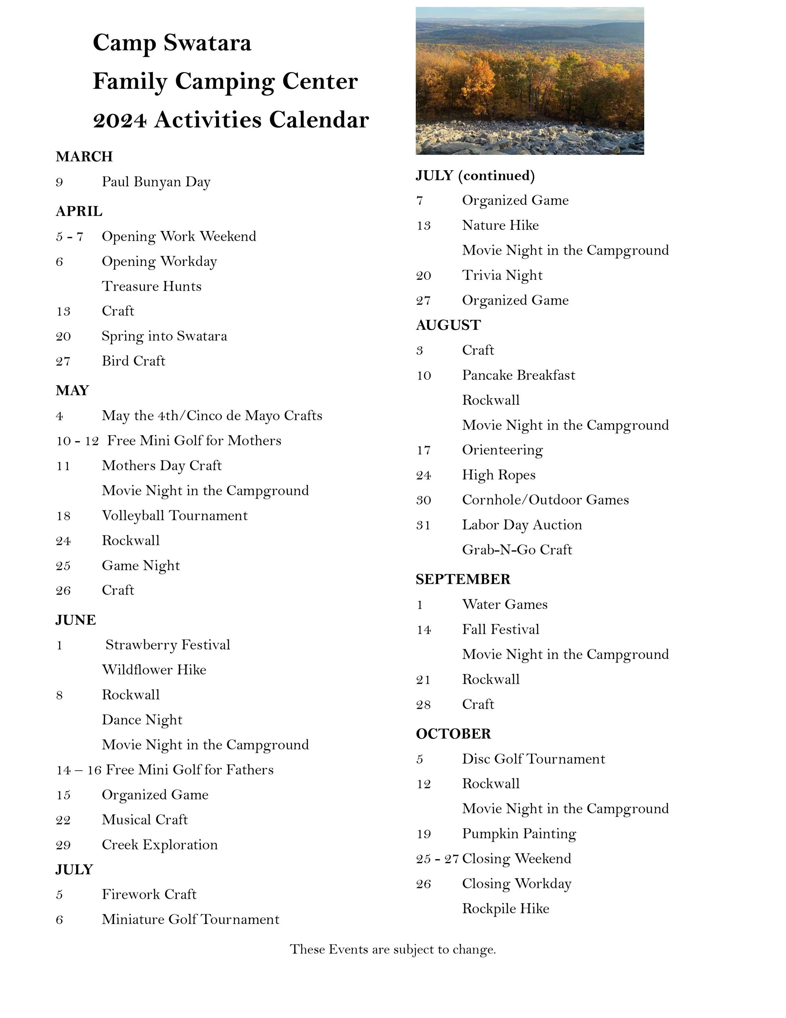 FCC Activities Calendar — Camp Swatara