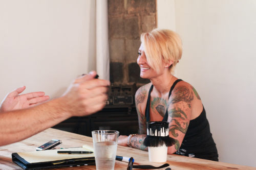 LA records her Podcast with Patrick Rife. Photo by Julie Hove Anderson