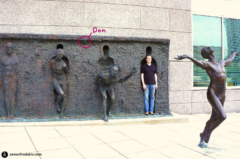  Singer/song writer Don McLean standing in the "Freedom" sculpture. Sculptor Zenos Frudakis incorporated portrait of Don McLean into relief wall. 