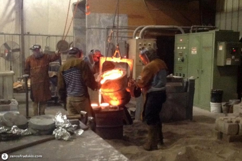  At Laran Bronze Foundry, pouring bronze from the Inductotherm 1,000 lb. furnace. 