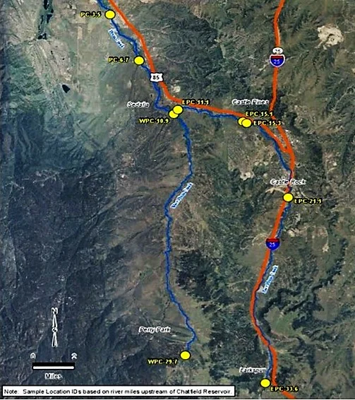 Location of Nine Plum Creek sampling sites upstream of Chatfield Reservoir