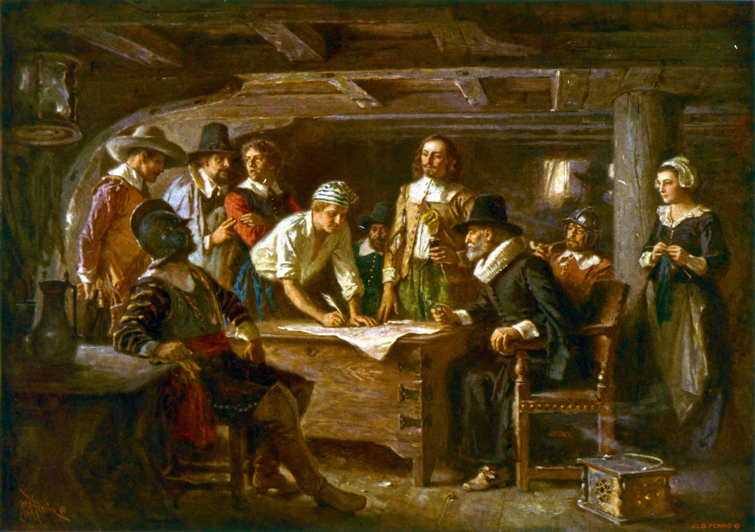 Signing the Mayflower Compact 1620, by Jean Leon Gerome Ferris (1899)