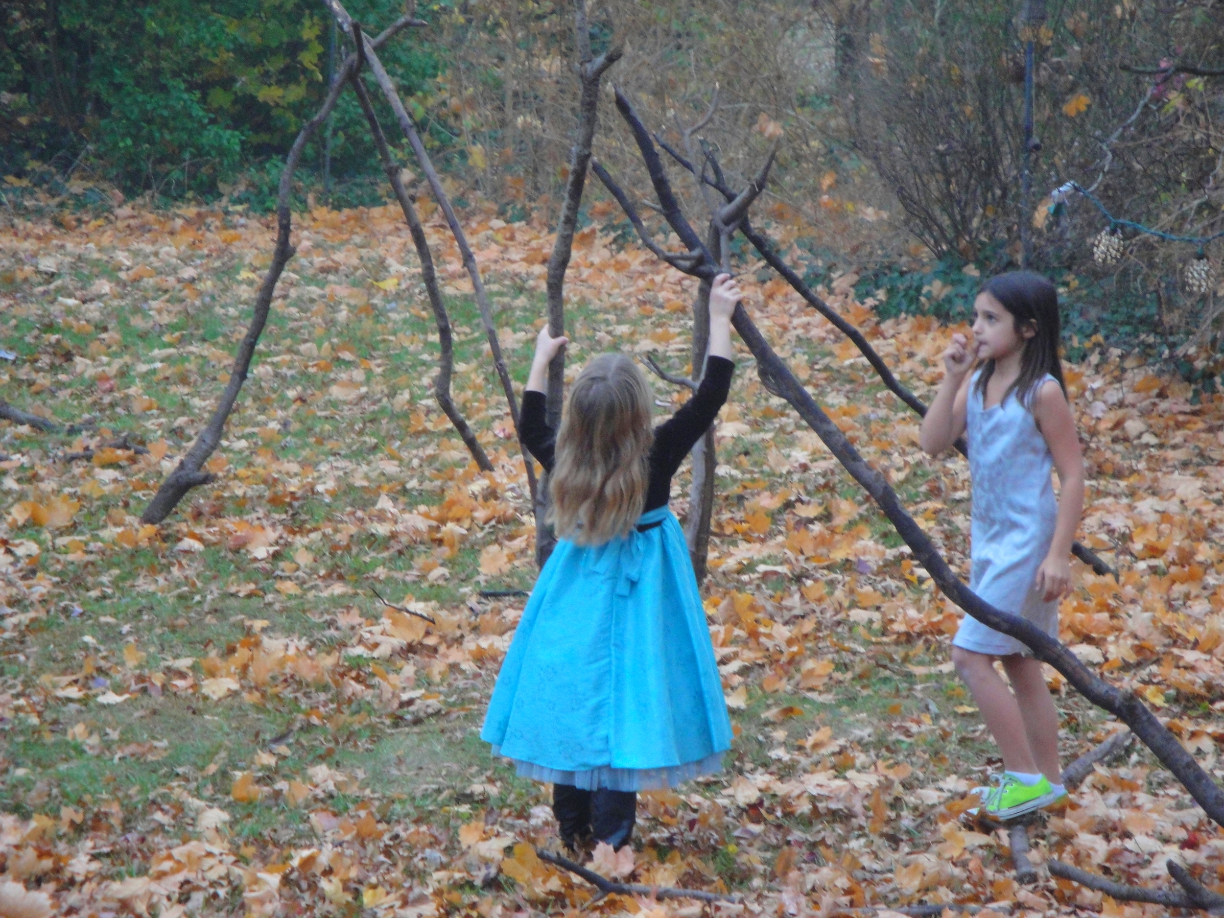 My daughter and her friend, wearing the most beautiful dresses they could find to build teepees in the back yard.