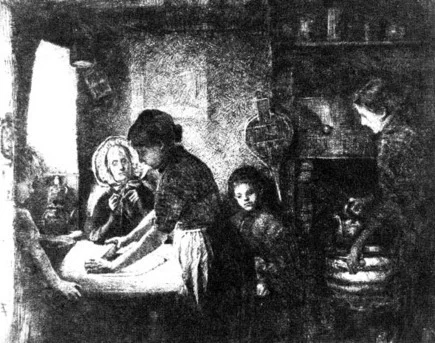 The Cornish Pasty, e tching by Elizabeth Forbes, West Cornwall, circa 1850.