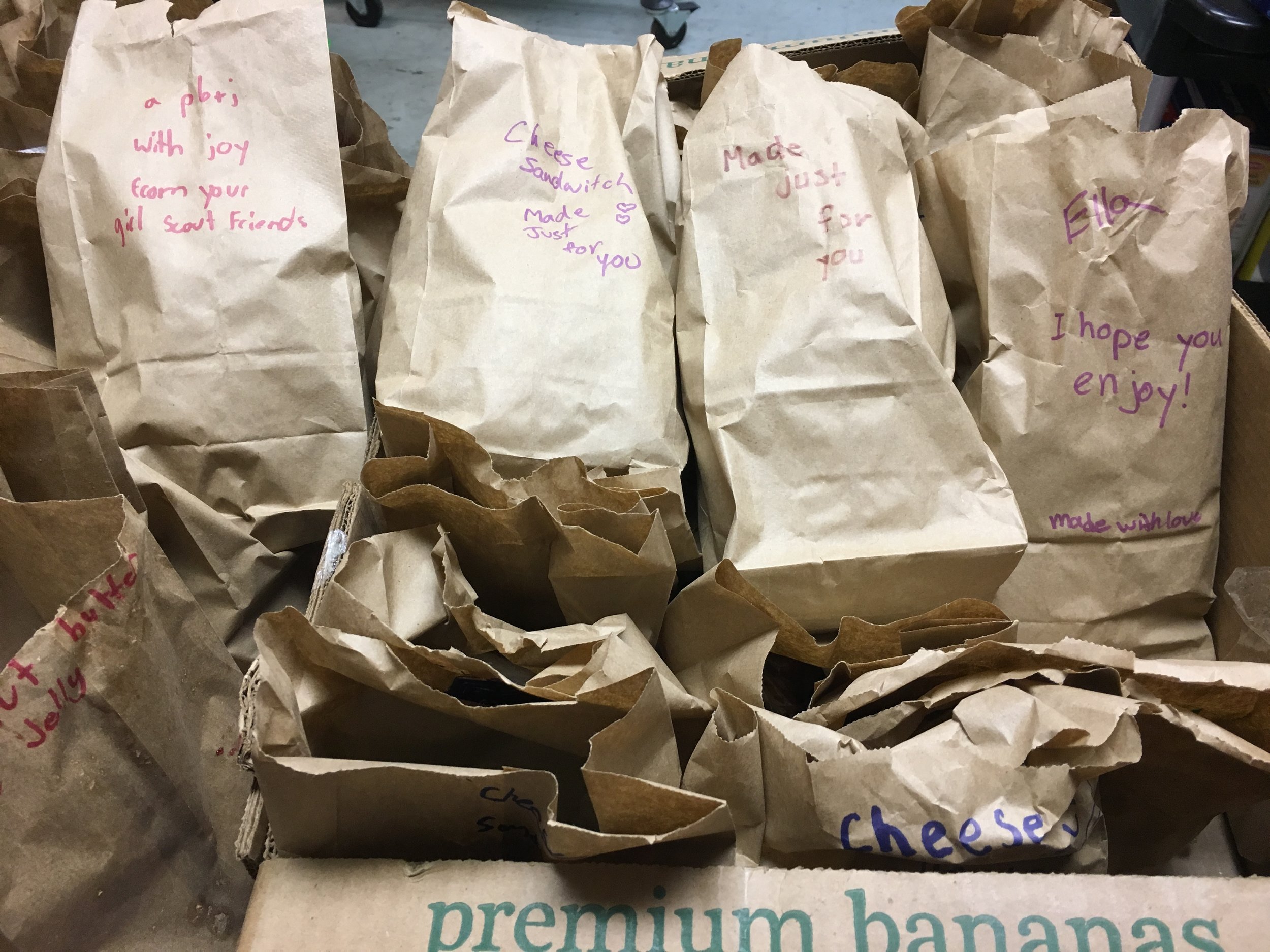 Some of the sandwich bags with messages from our scouts.