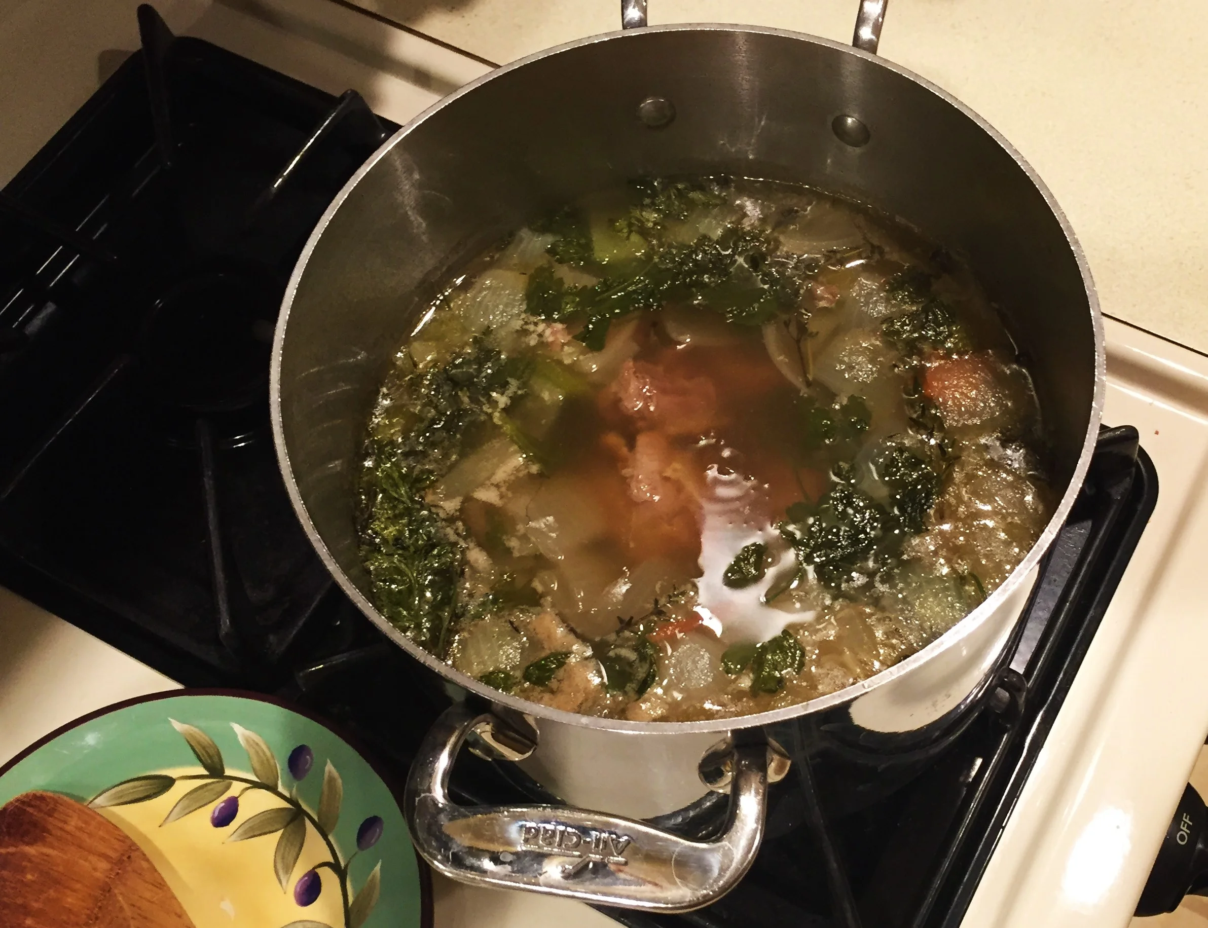 Giblet Broth simmering on the Adventure Kitchen stove.