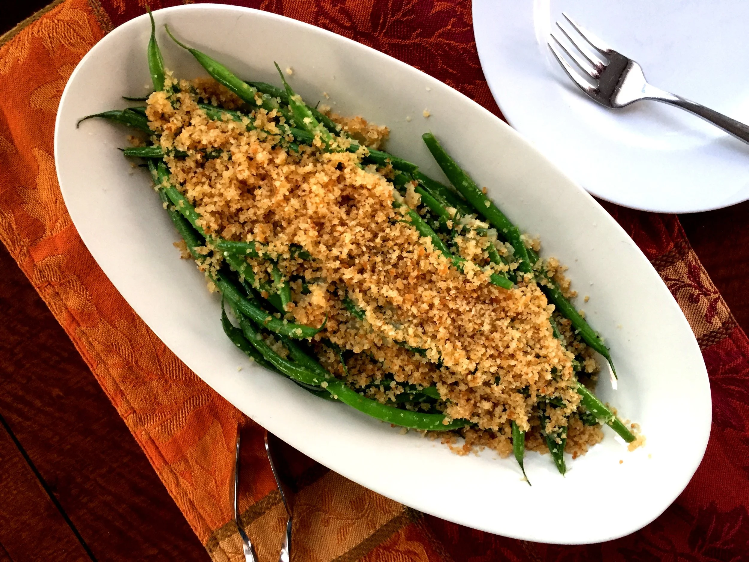 French Beans with Toasted Breadcrumbs made in the Adventure Kitchen.