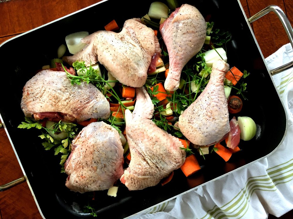 Fastest Roast Turkey ready for the oven in the Adventure Kitchen. If you buy turkey parts rather than a whole turkey, you can get just the pieces you like best (like we did here).