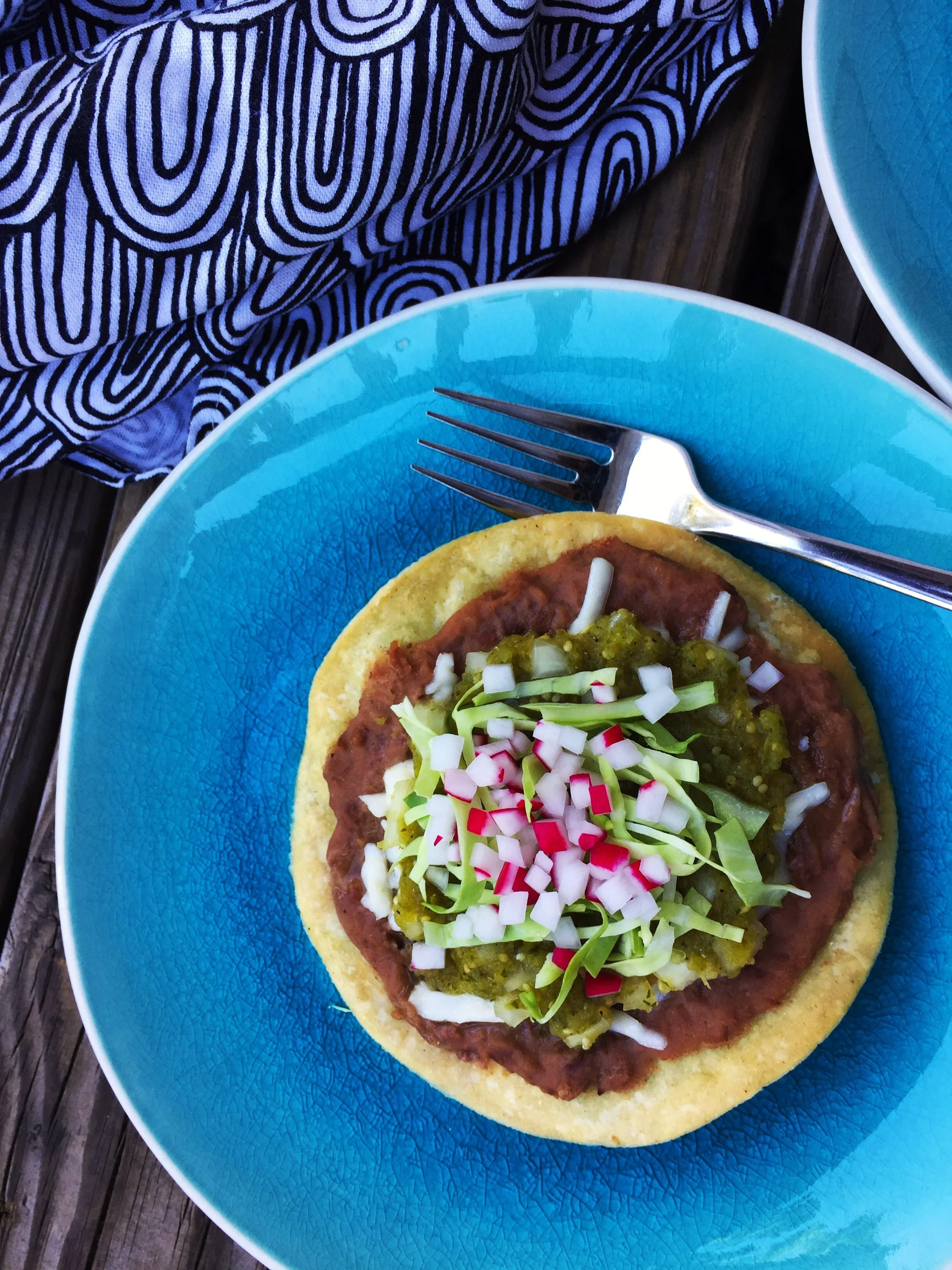 Tostada with Roasted Tomatillo Salsa made in the Adventure Kitchen.
