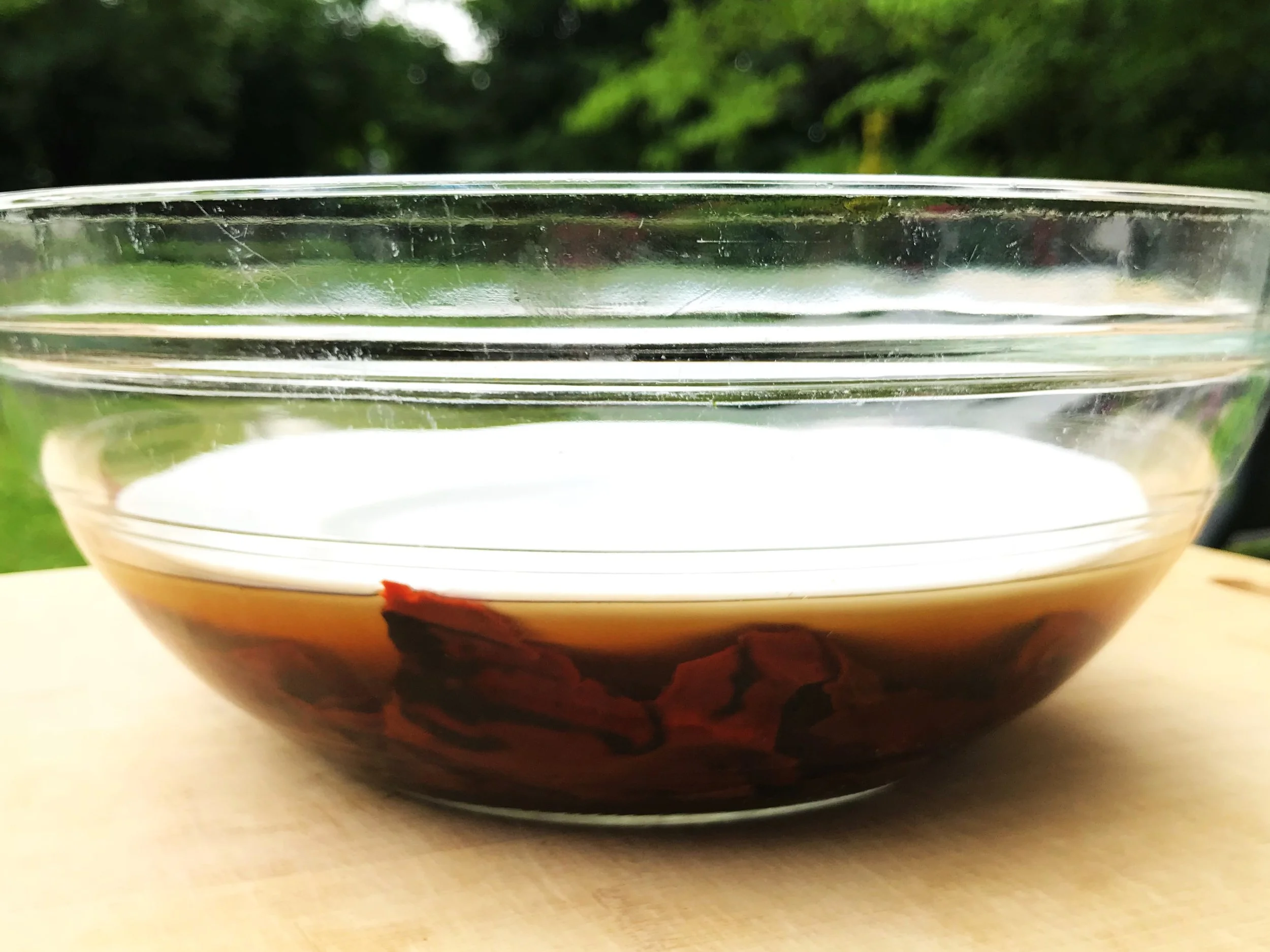These are guajillo chiles rehydrading in a bowl of hot water. I put a plate over the chiles in the bowl to keep them submerged in the water.