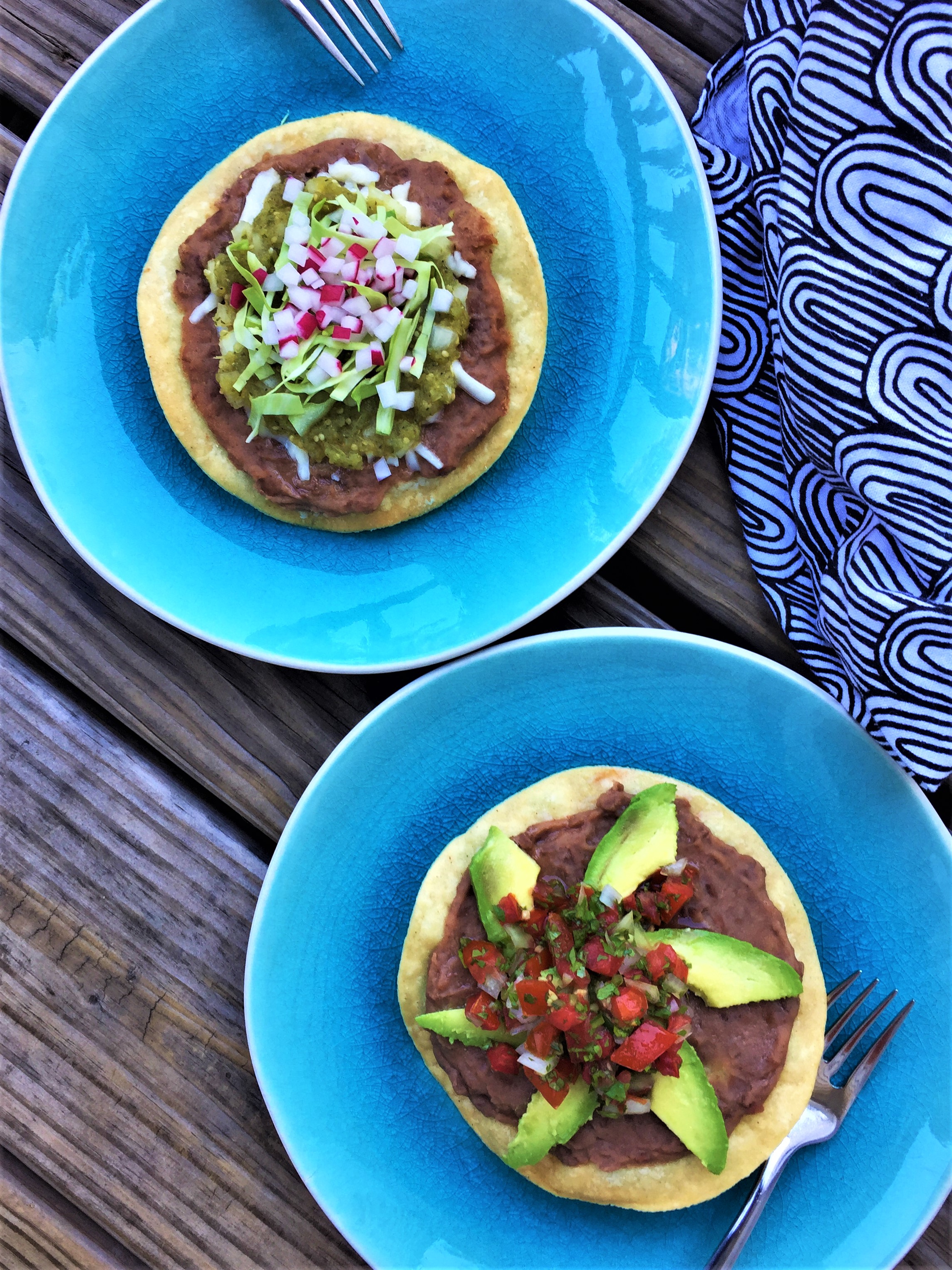Tostada with Roasted Tomatillo Salsa (top), and Tostada with Avocados and Pico de Gallo in the Adventure Kitchen.