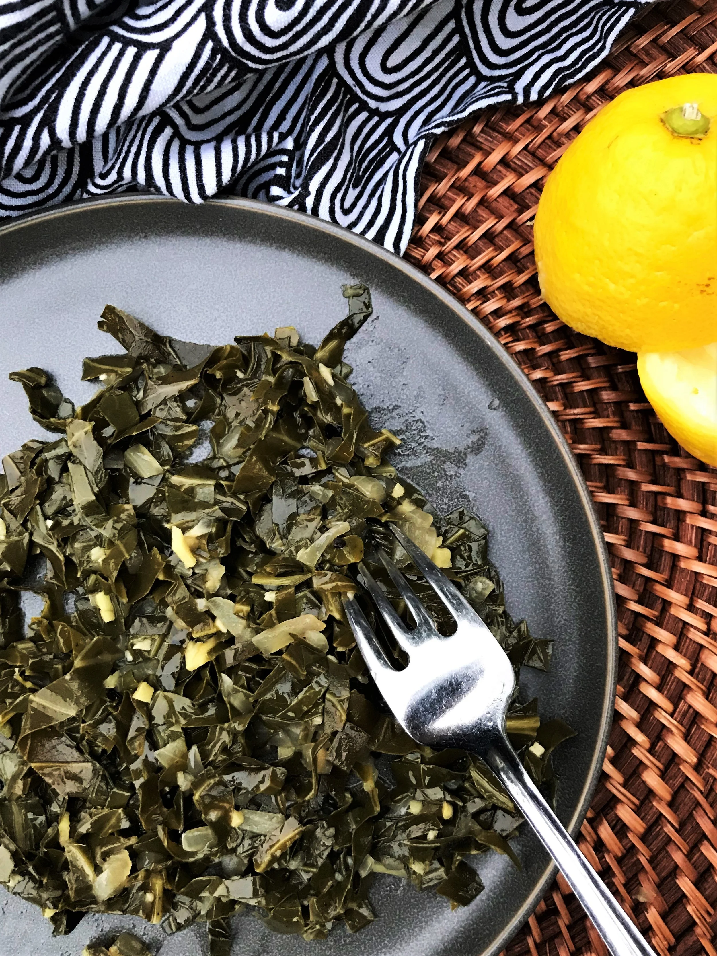Digging in to my Spiced Collard Greens. (Yum!)